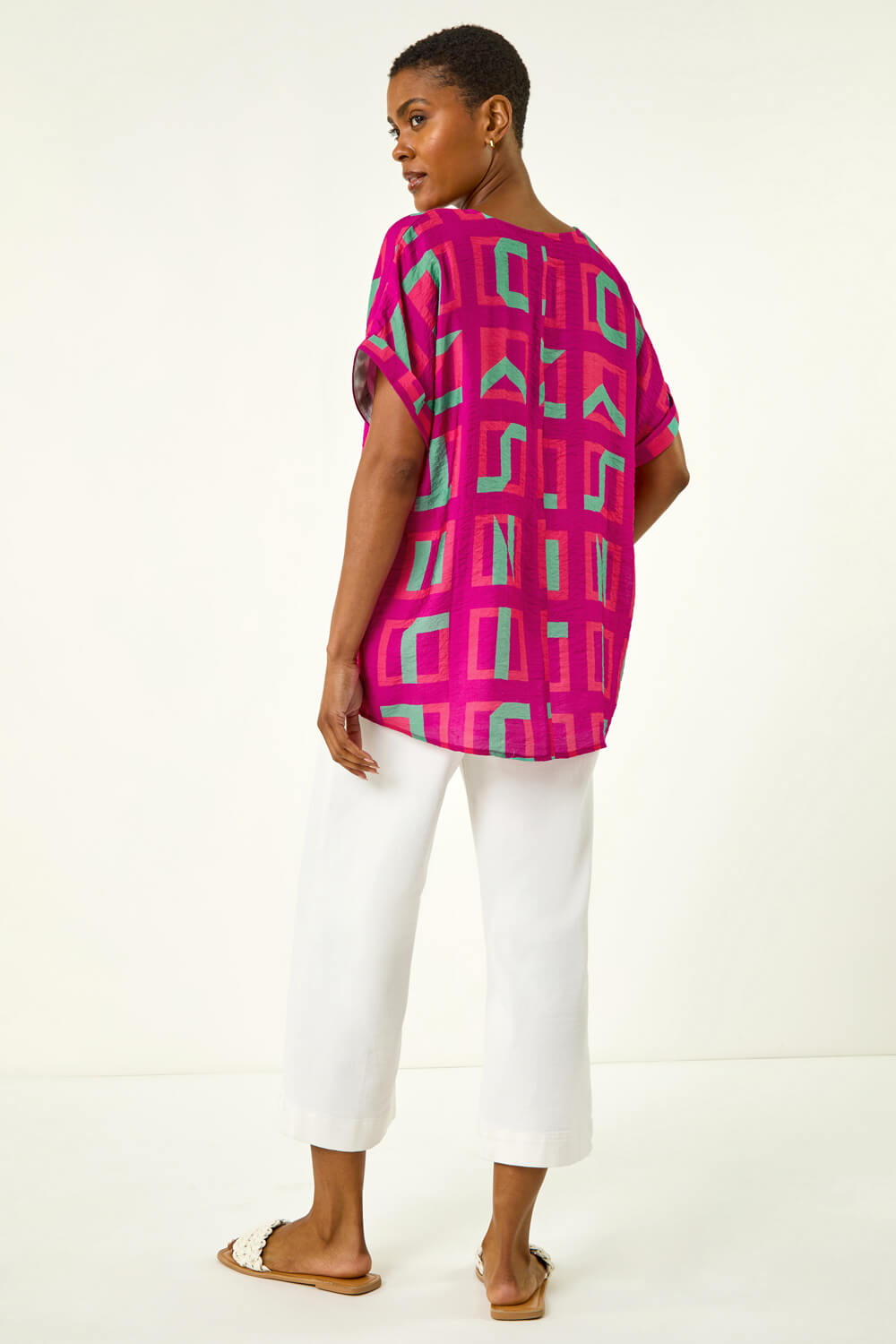 Magenta Geometric Print V-Neck Top, Image 4 of 5