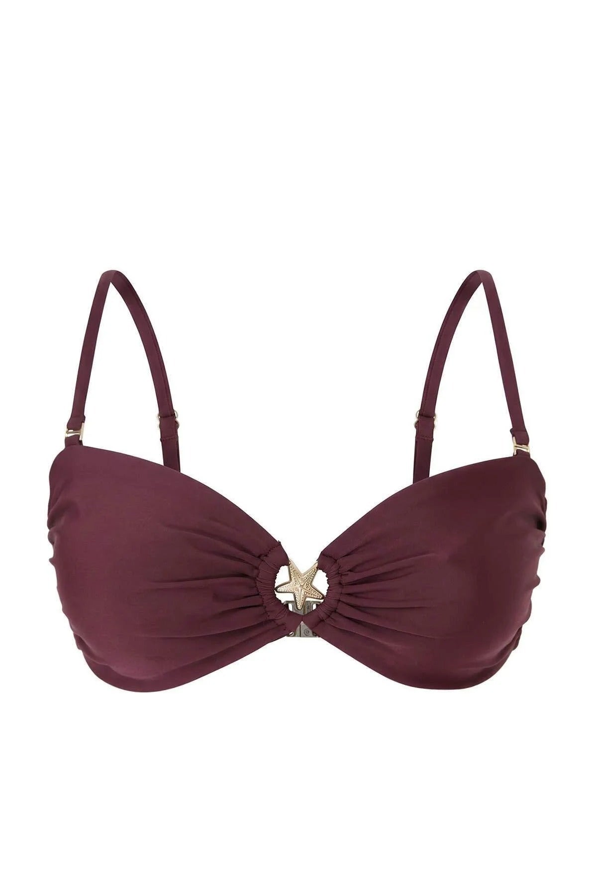 Plum Ruched Bandeau Bikini Top with Ring Detail, Image 1 of 2