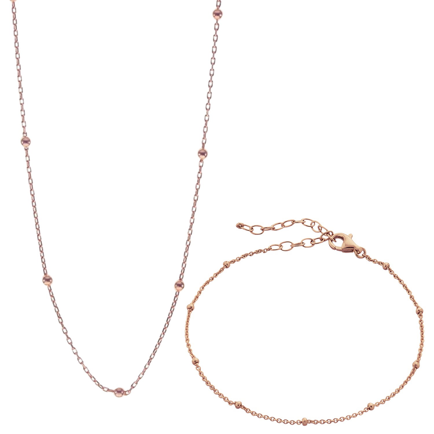 Rose Gold Bead Chain Sterling Silver Satellite Necklace and Bracelet Set, Image 1 of 2