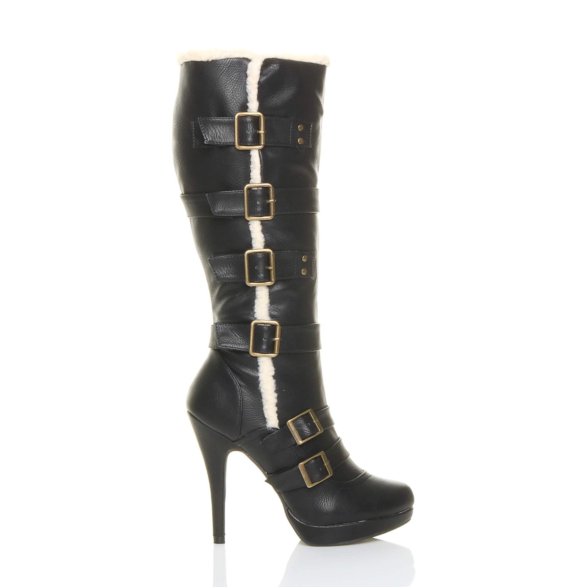 Black High Heel Aviator Shearling Trim Platform Calf Boots, Image 2 of 6