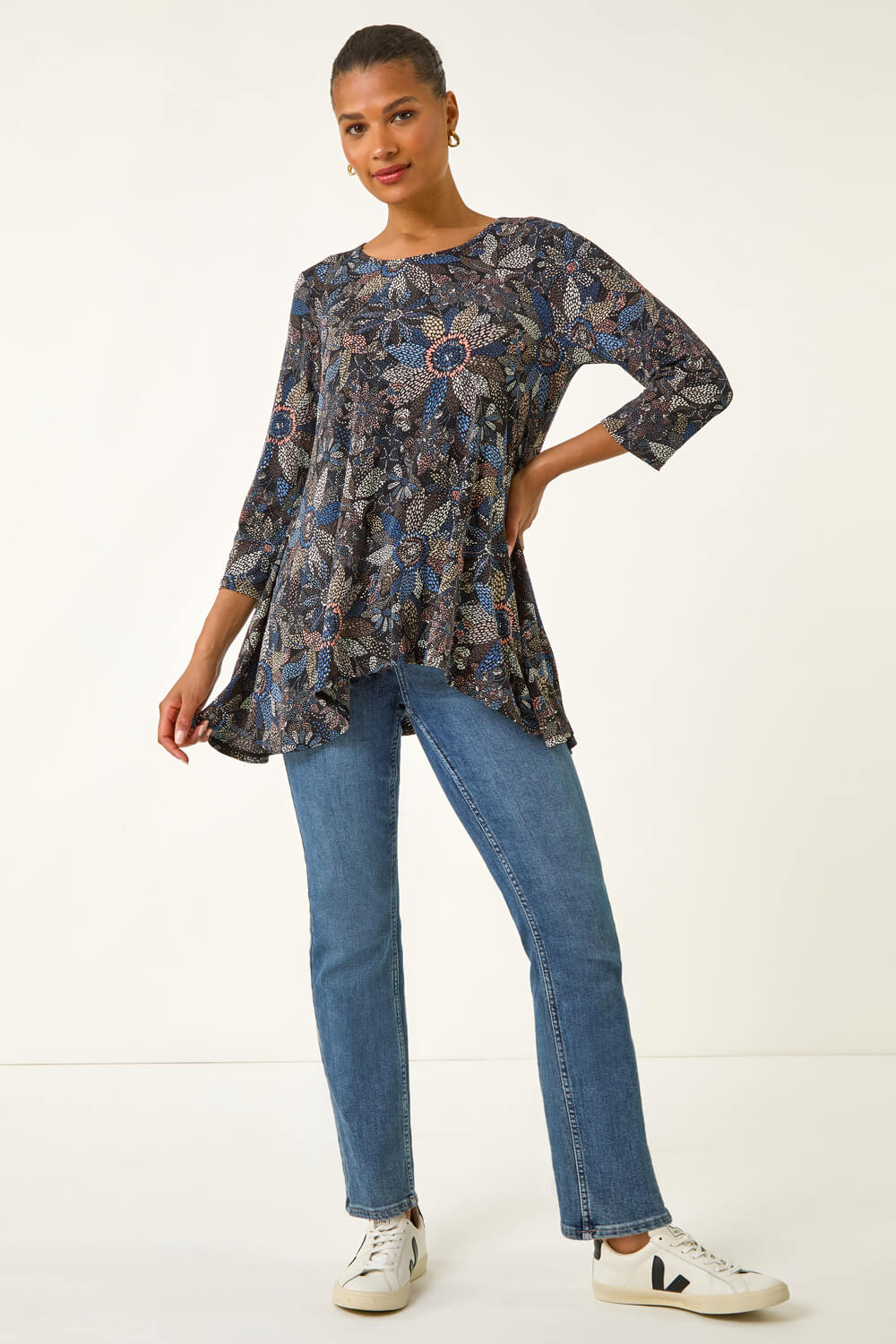 Blue Floral Puff Print Stretch Tunic, Image 6 of 5