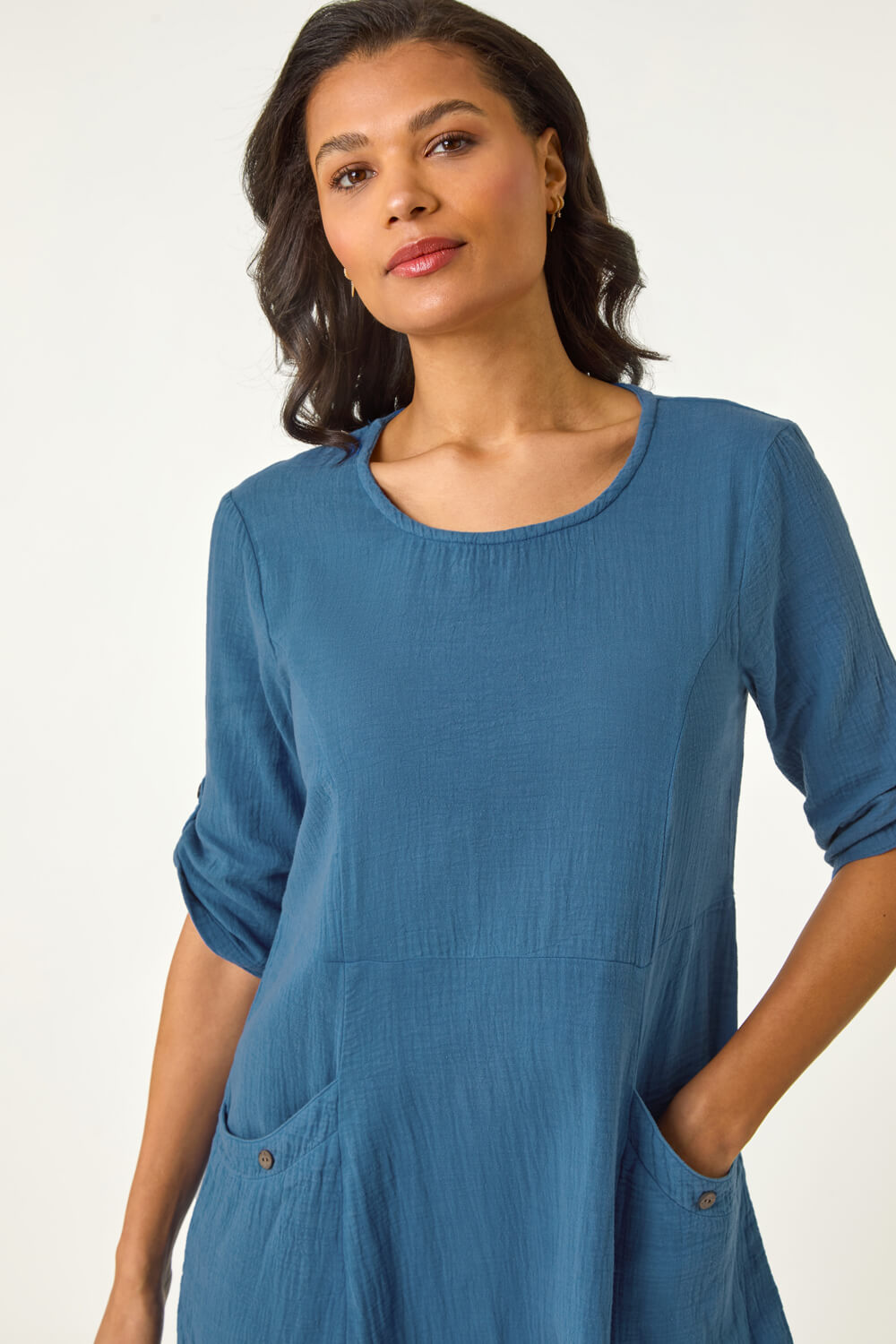 Blue Textured A-line Midi Dress, Image 5 of 5