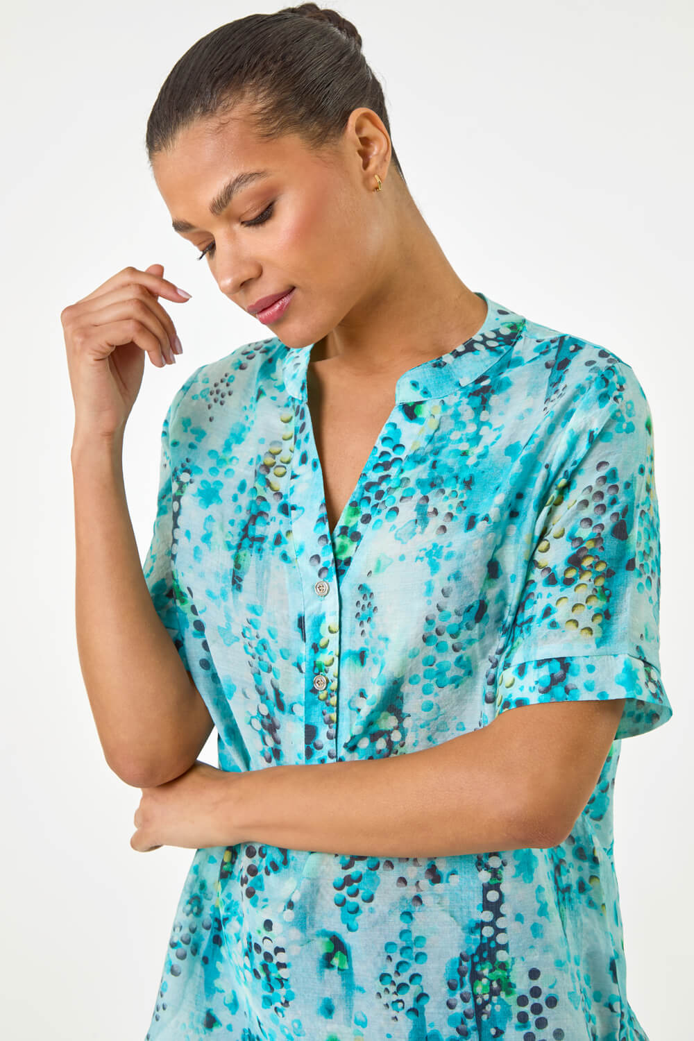 Blue Abstract Buttoned V-Neck Top, Image 5 of 5