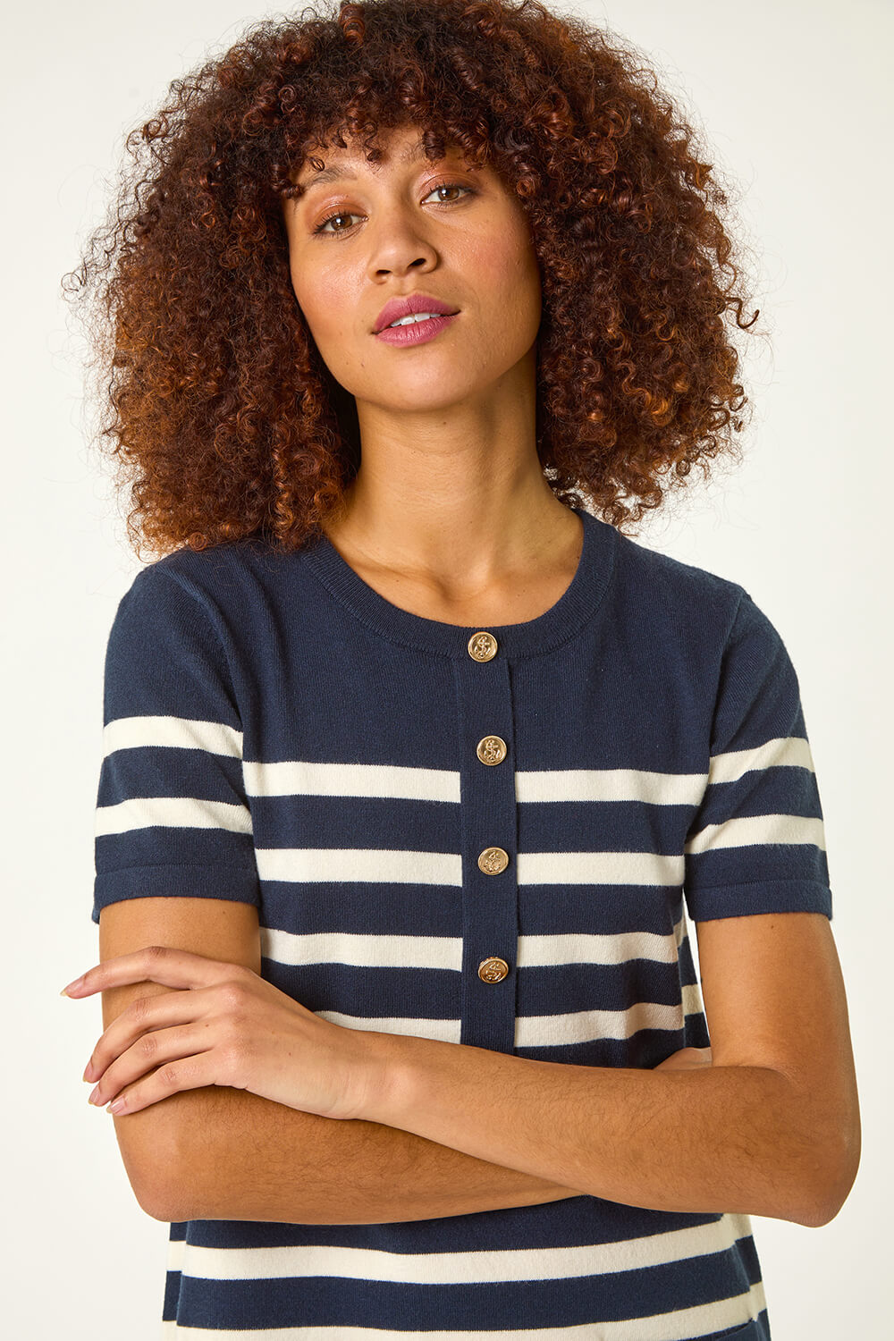 Navy Stripe Button A-Line Knit Dress, Image 5 of 5