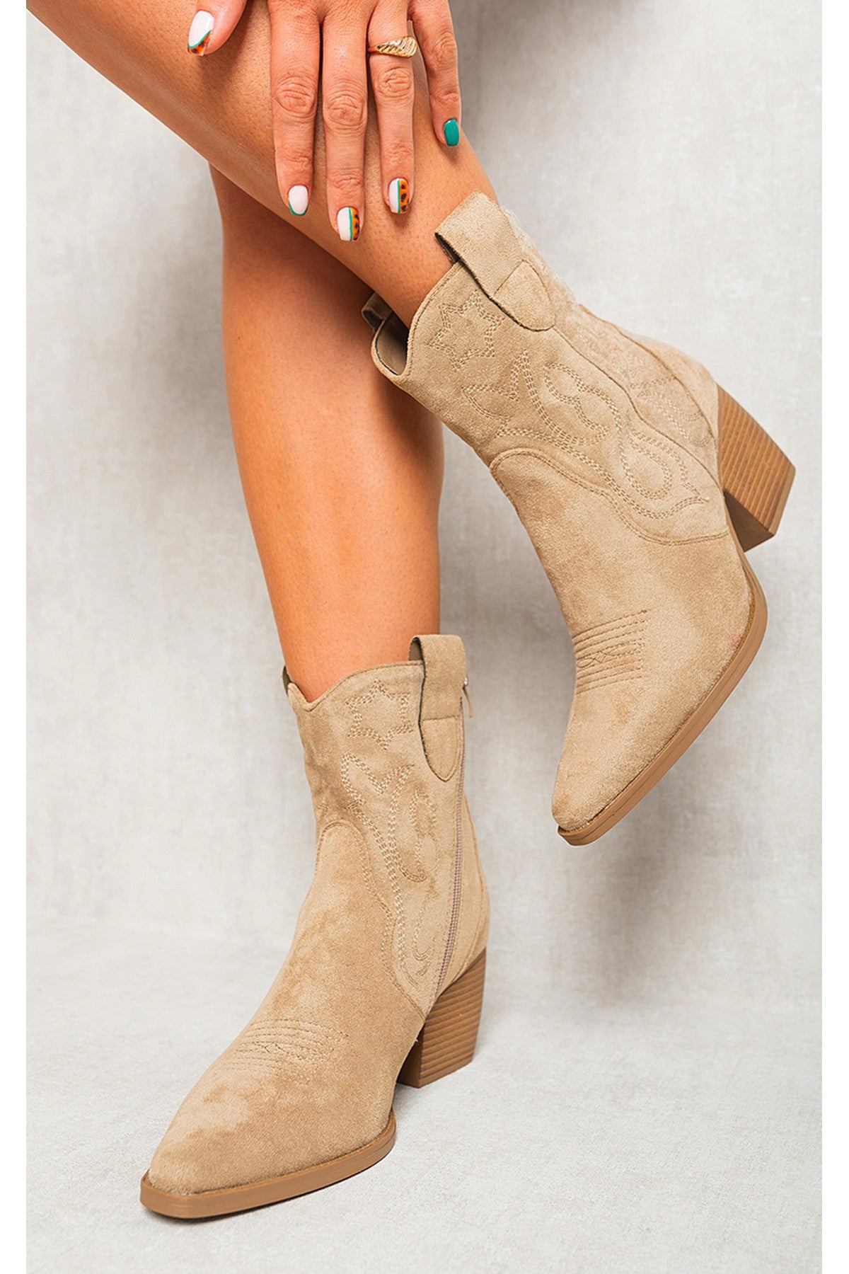 Khaki iKrush Khaki Laura Suede Cowboy Ankle Length Boots, Image 1 of 8