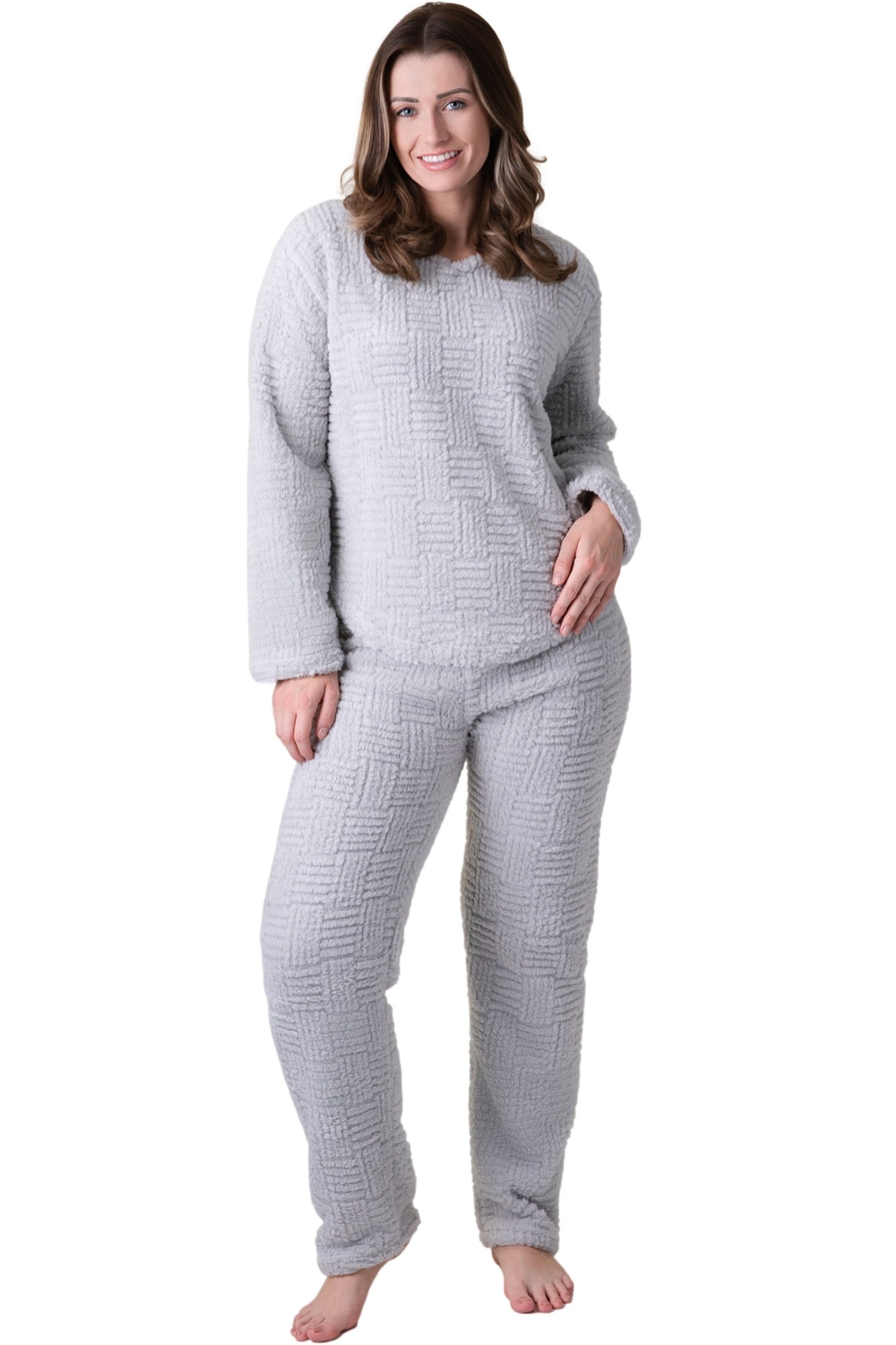 Grey Supersoft Textured Woven Pattern Fleece Pyjamas, Image 1 of 5
