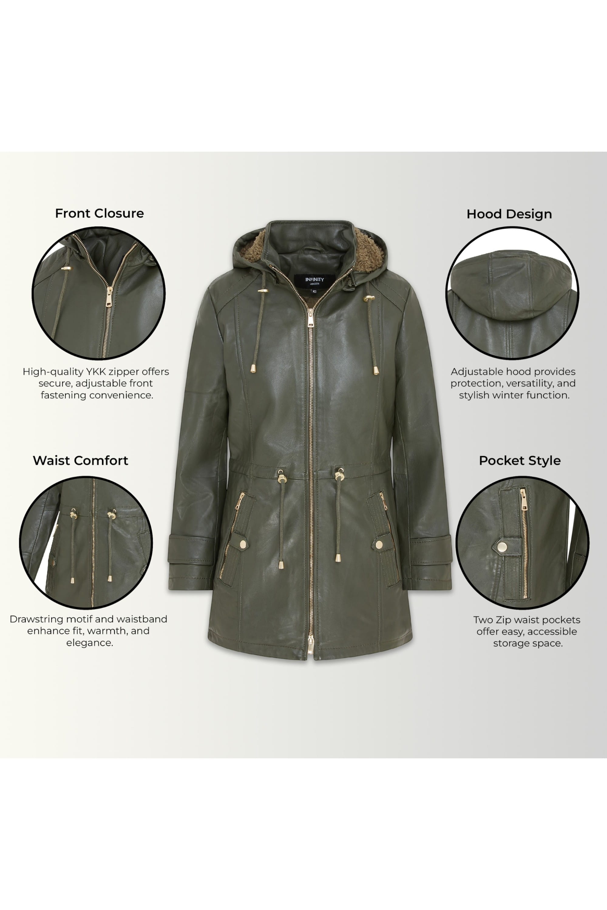 Green Leather Parka Hooded Trench Coat-Emilia, Image 3 of 8