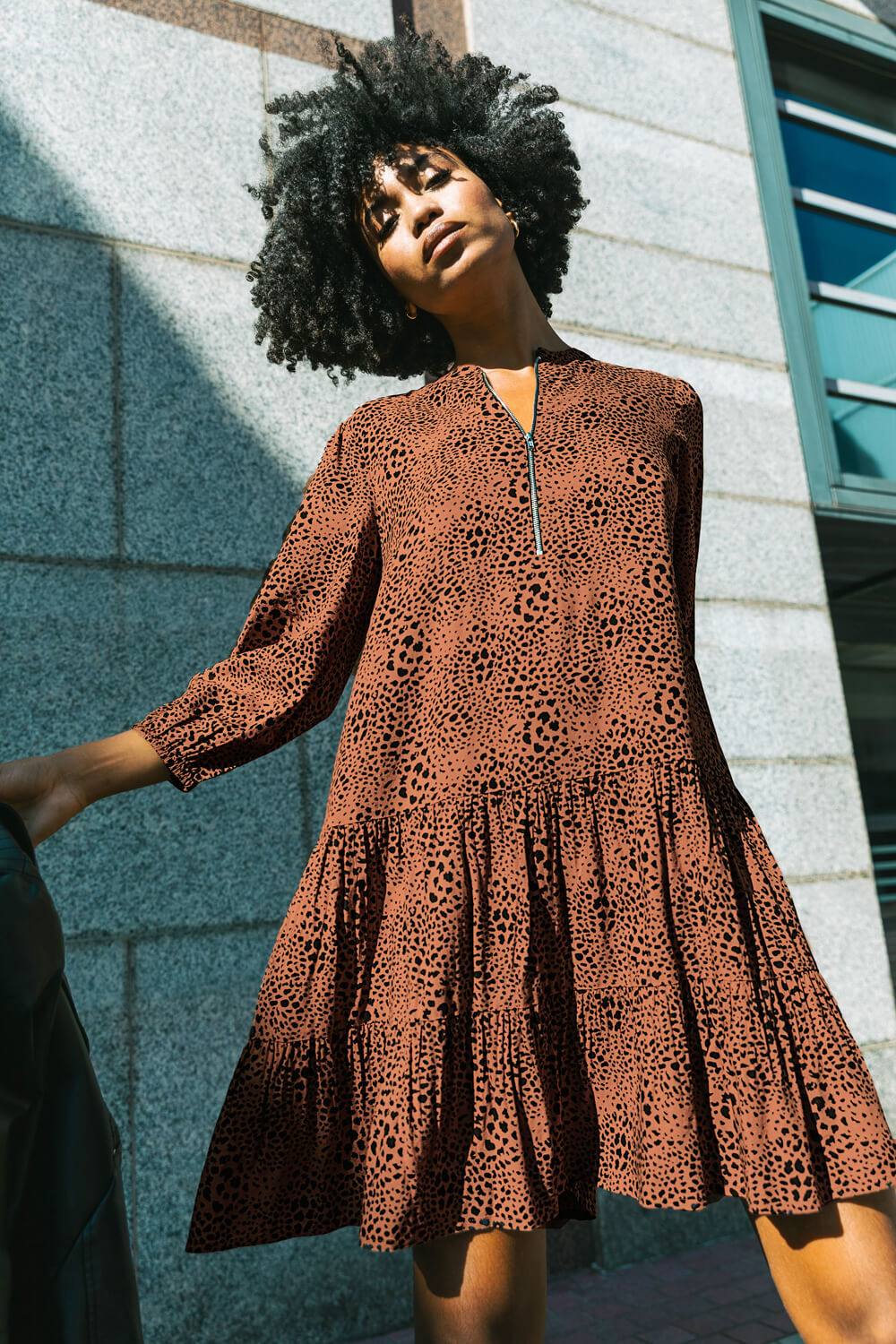 Tan Spot Print Zip Front Dress, Image 1 of 7