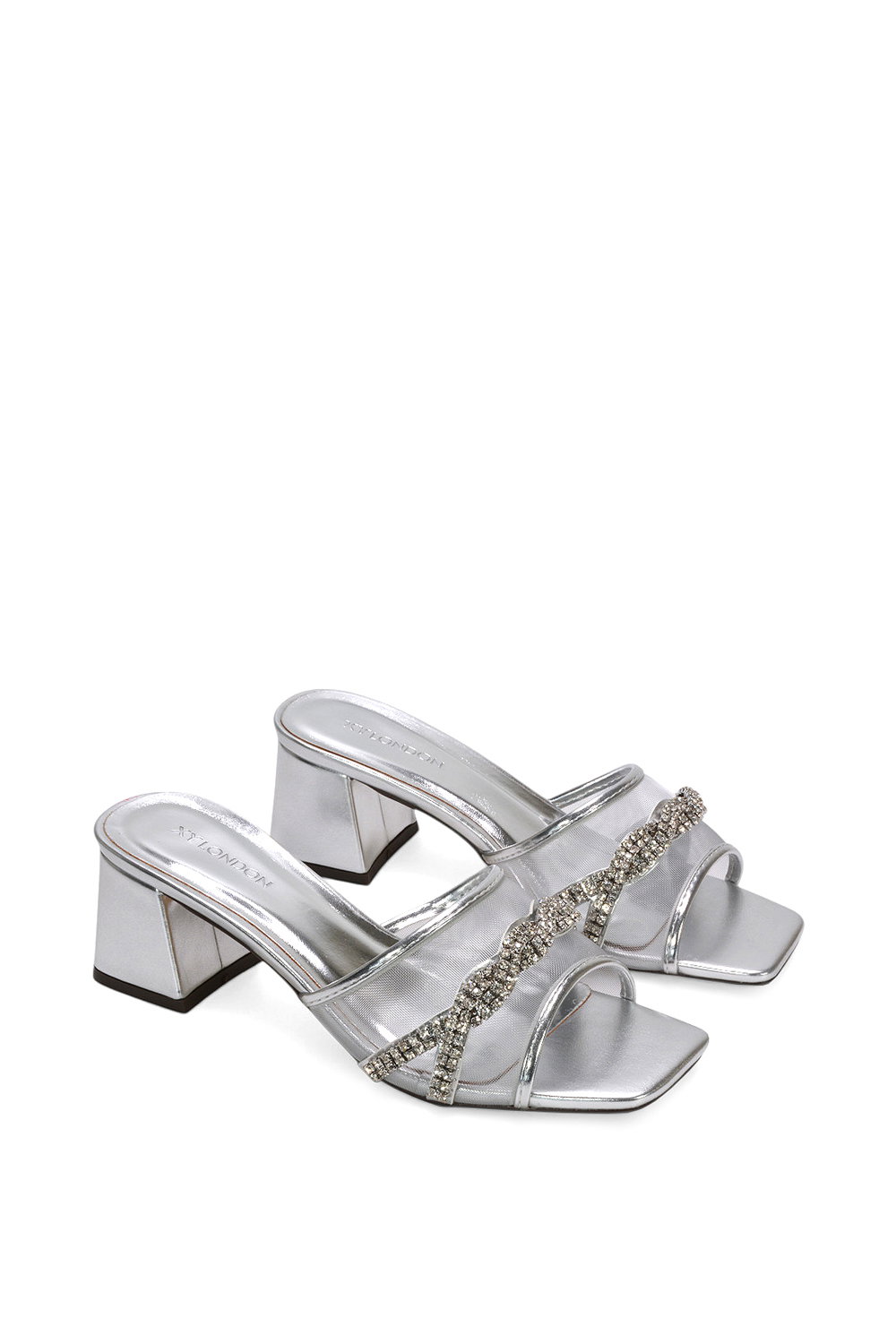 Silver 'Senara' Backless Block Heel Sandals With Crystals and Mesh, Image 5 of 6