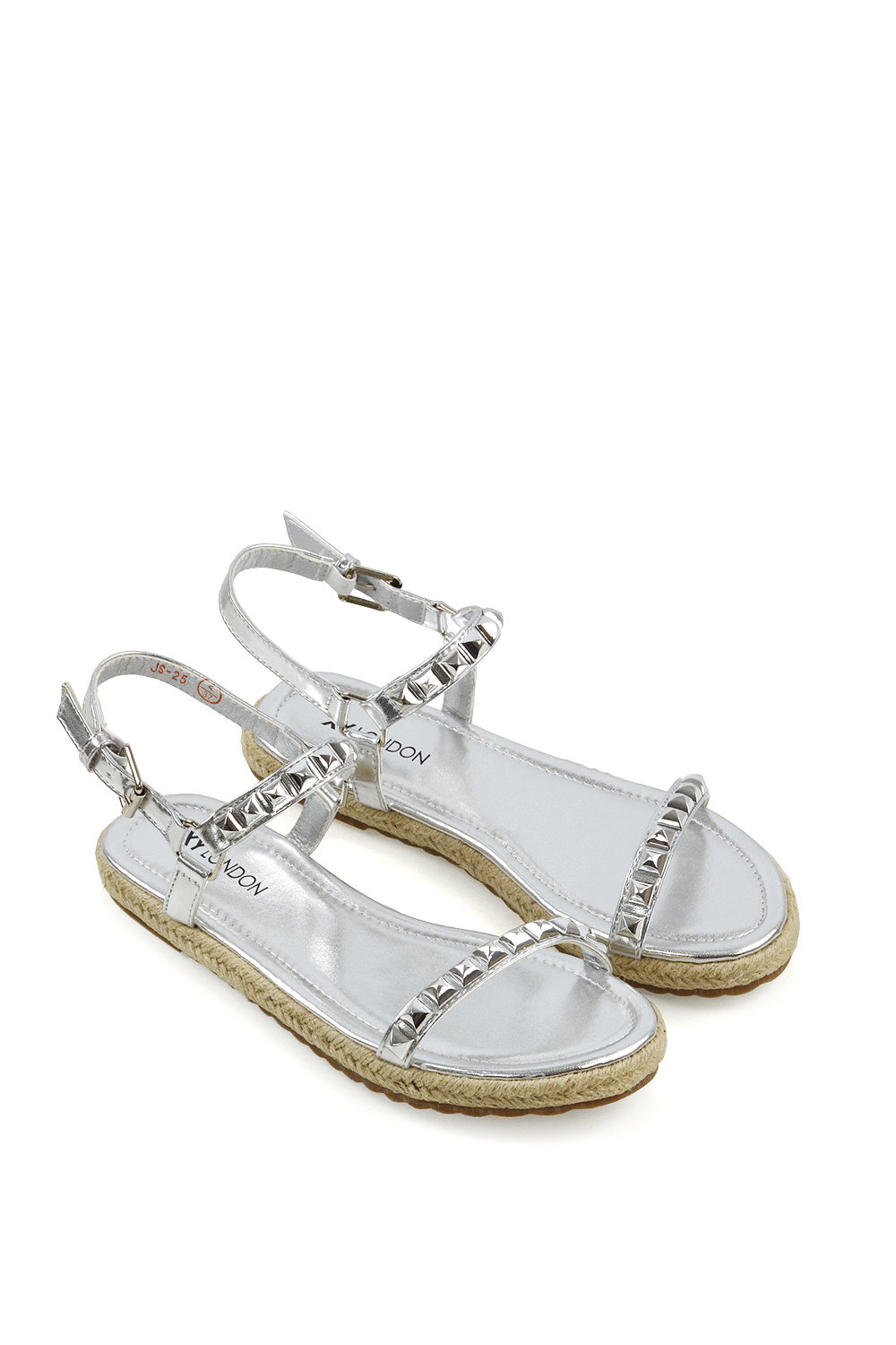 Silver XY LONDON Silver Studded Flat Espadrille Sandals with Slingback, Image 3 of 3