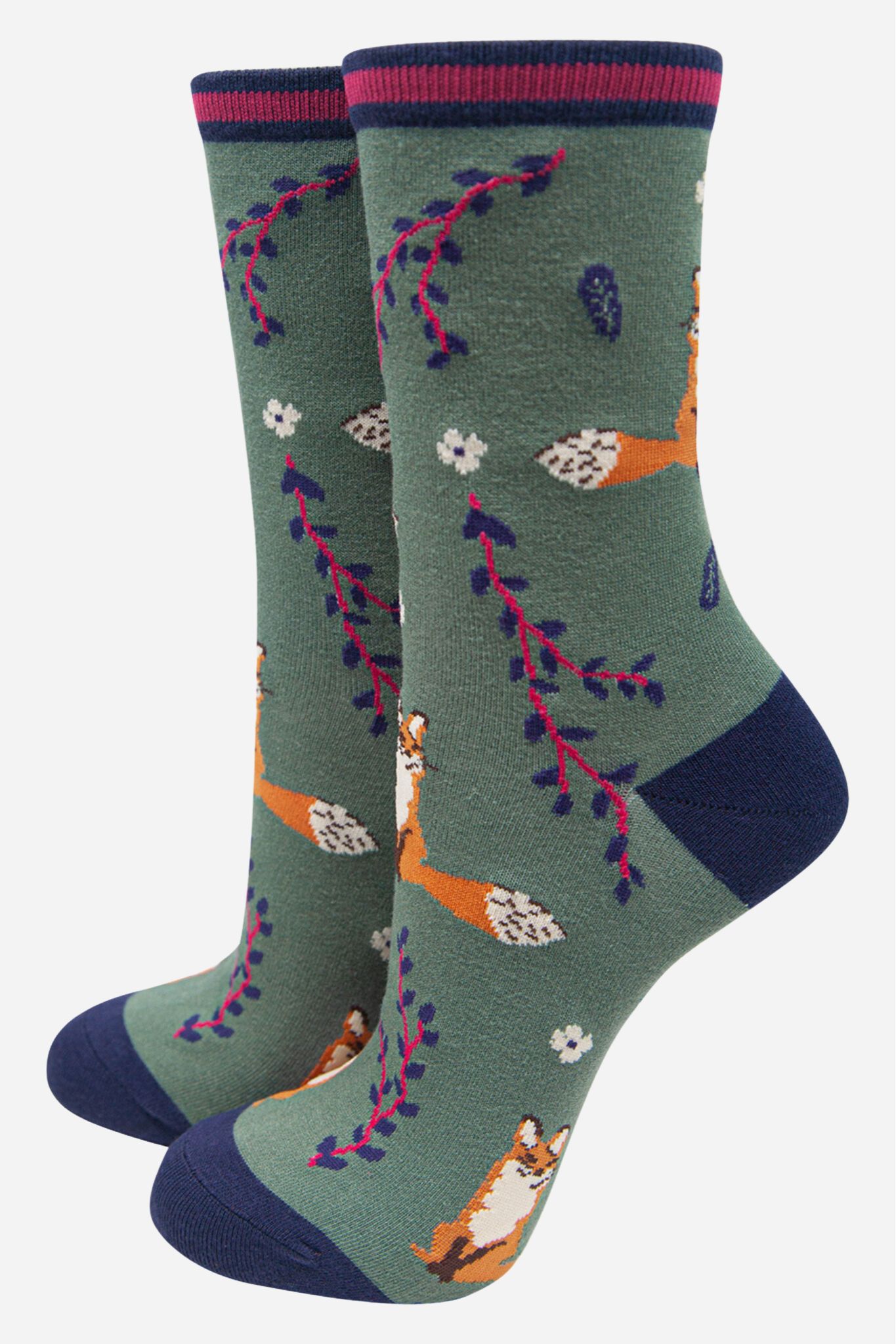 Green Woodland Fox Bamboo Socks - Green