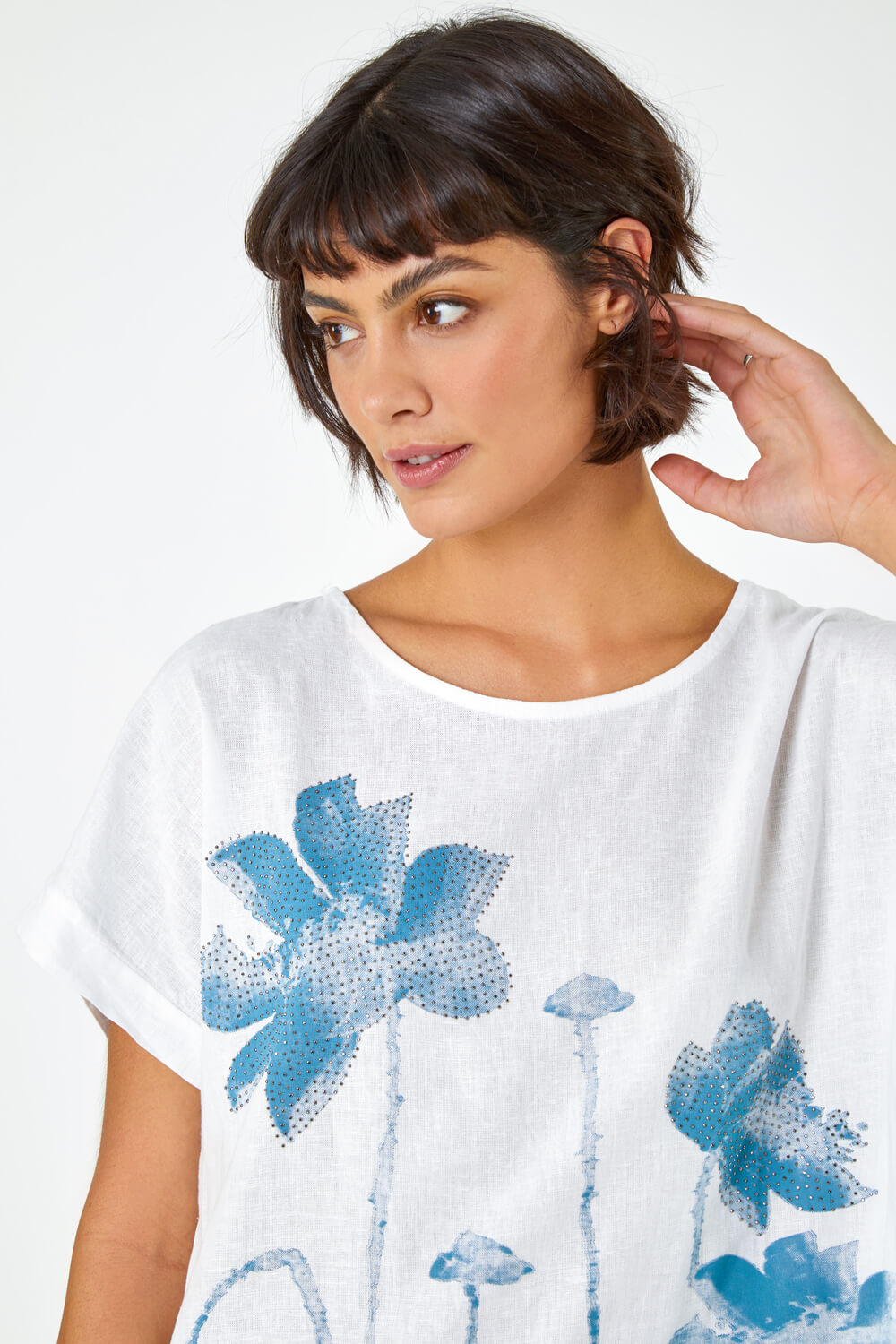 Light Blue Embellished Floral Print Tunic Top, Image 1 of 5