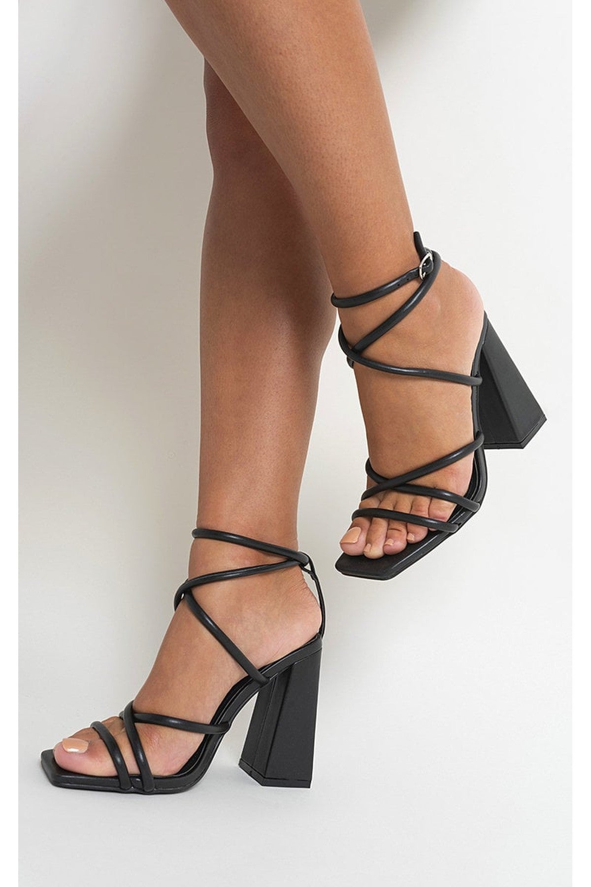 Black iKrush Black Michaela Strappy Ankle Block Heeled Sandals, Image 2 of 4