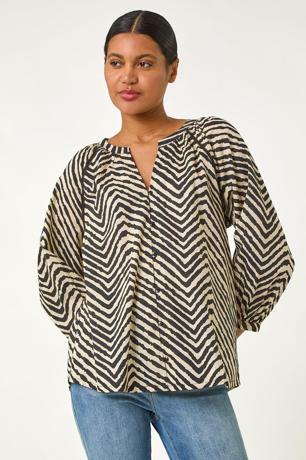 Black Linear Print V-Neck Blouse, Image 5 of 5