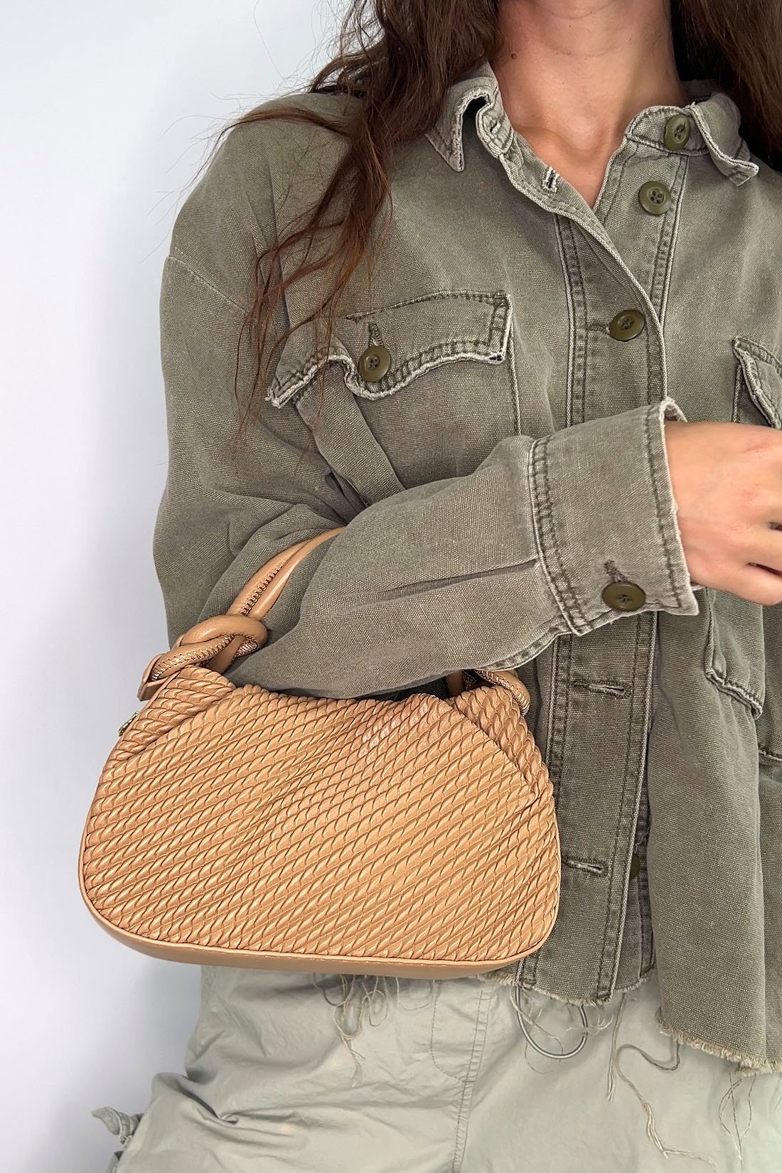 Tan Woven Mini Bag With Handle and Body Strap, Image 2 of 4