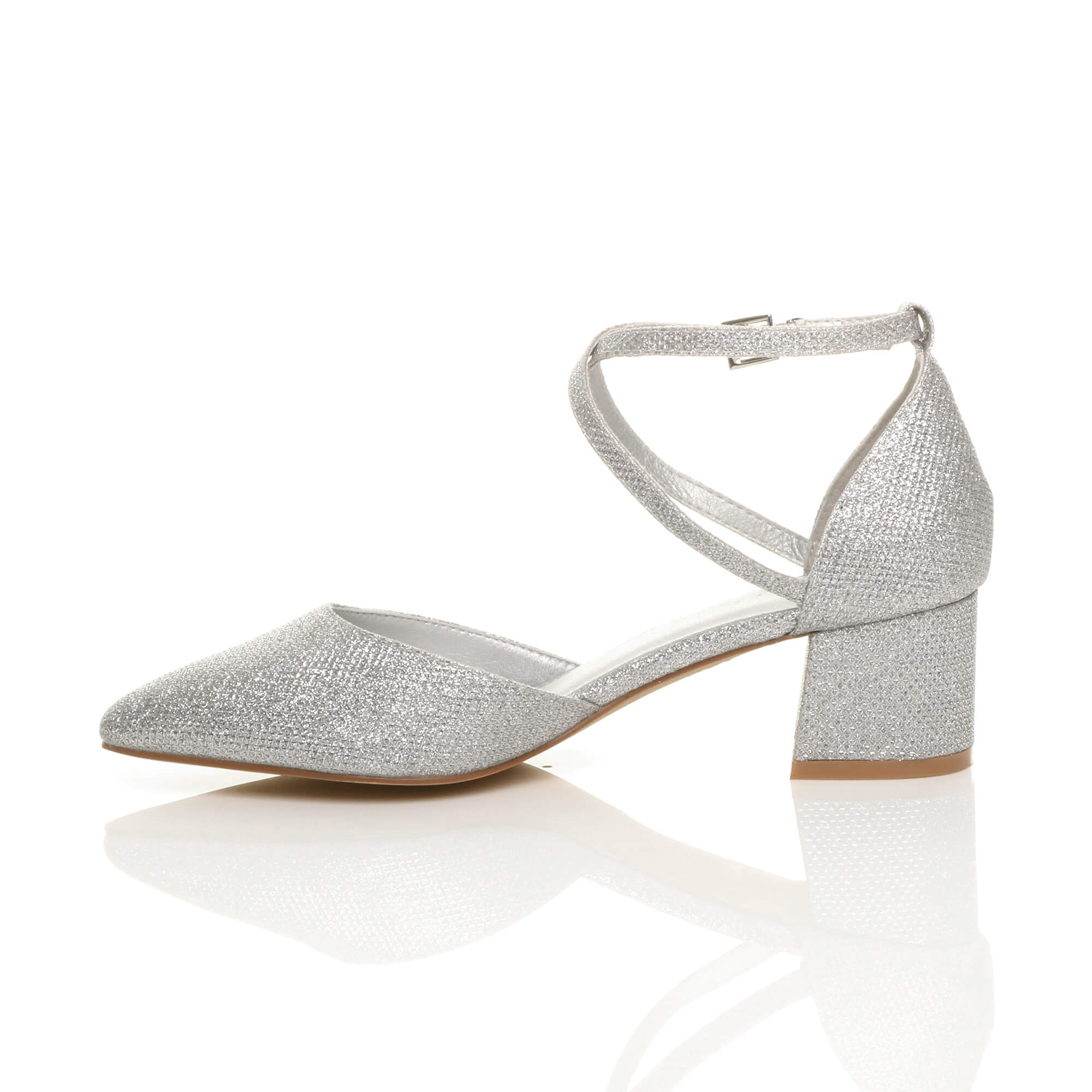 Silver Mid Block Heel Crossed Straps Pointed Toe 2 Part Heels, Image 3 of 6