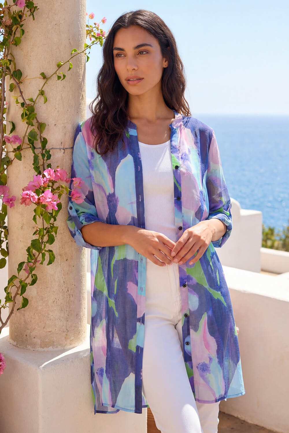 Purple Abstract Print Button Up Longline Blouse, Image 3 of 4
