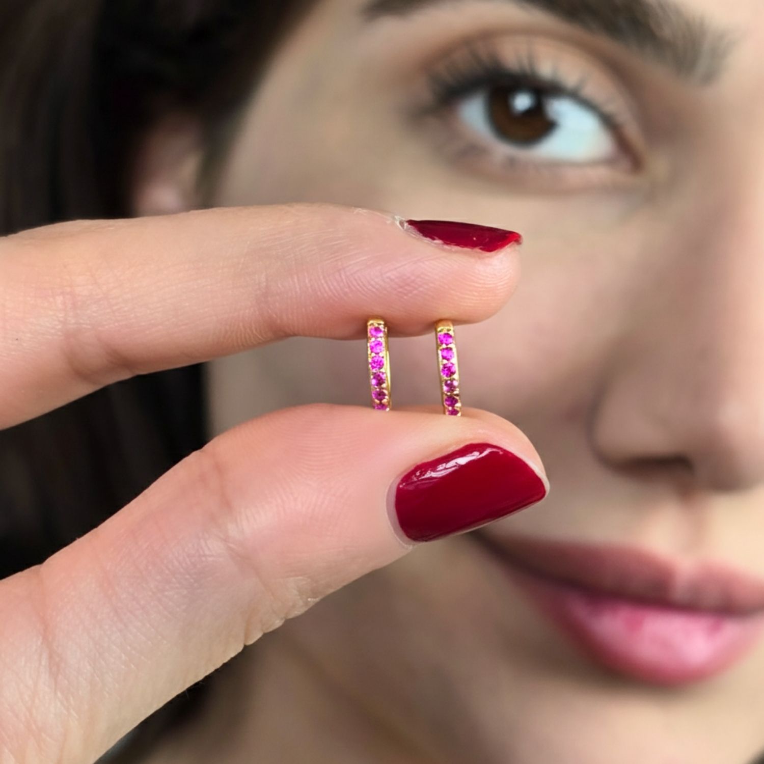 Gold Ruby July Birthstone Small Huggie Hoop Earrings, Image 3 of 5