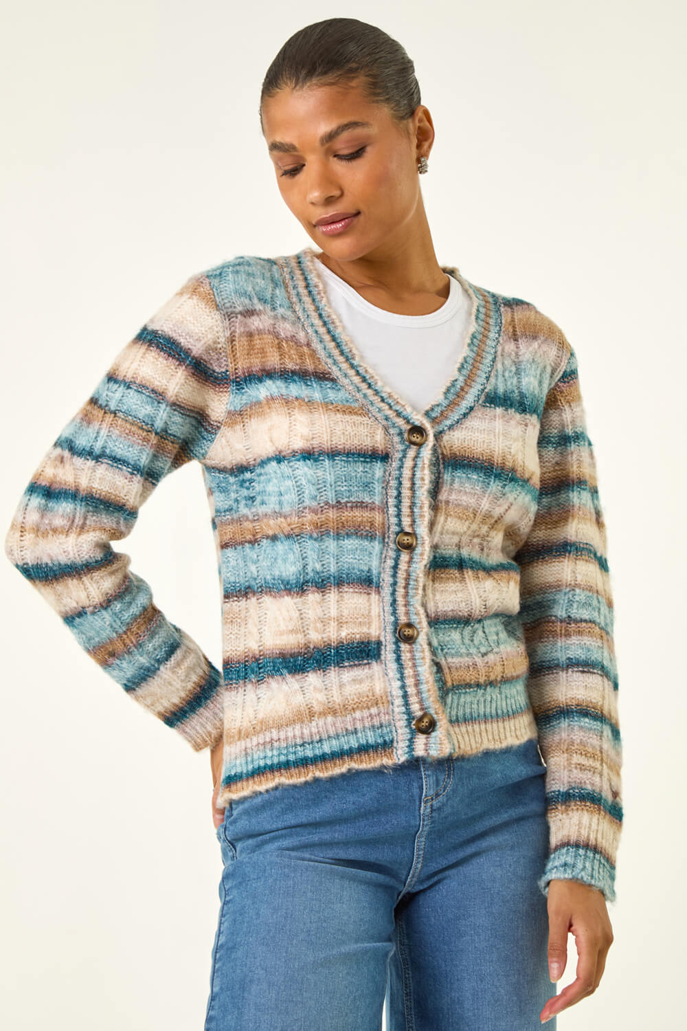 Light Blue Stripe Buttoned Cable Knit Cardigan, Image 5 of 5