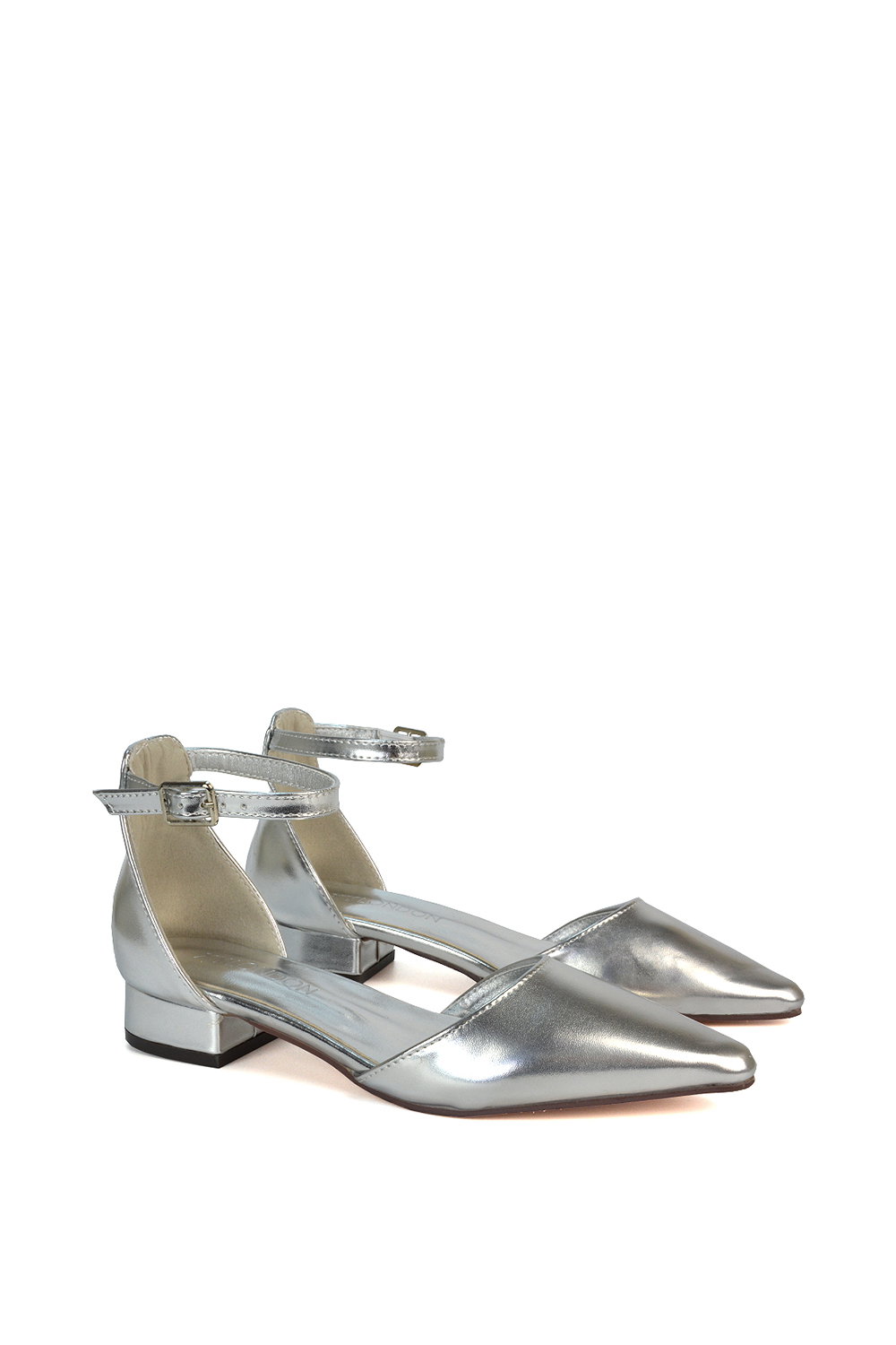 Silver 'Jenny' Low Heel Flat Pointed Toe Ankle Strap Court Shoes, Image 3 of 5