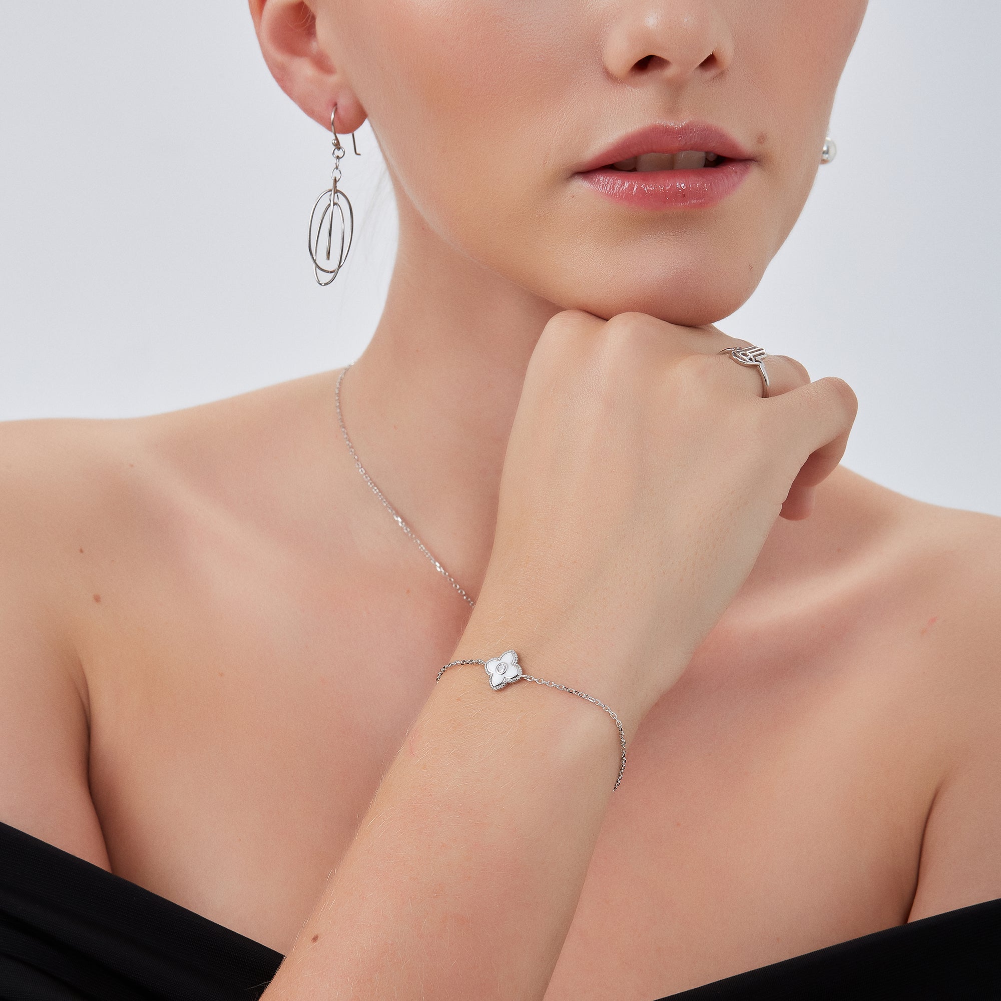 Silver White Enamel Clover Bracelet, Image 3 of 3