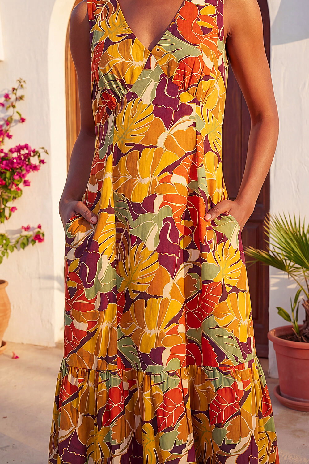 Orange Leaf Print Tiered Midi Dress , Image 5 of 4