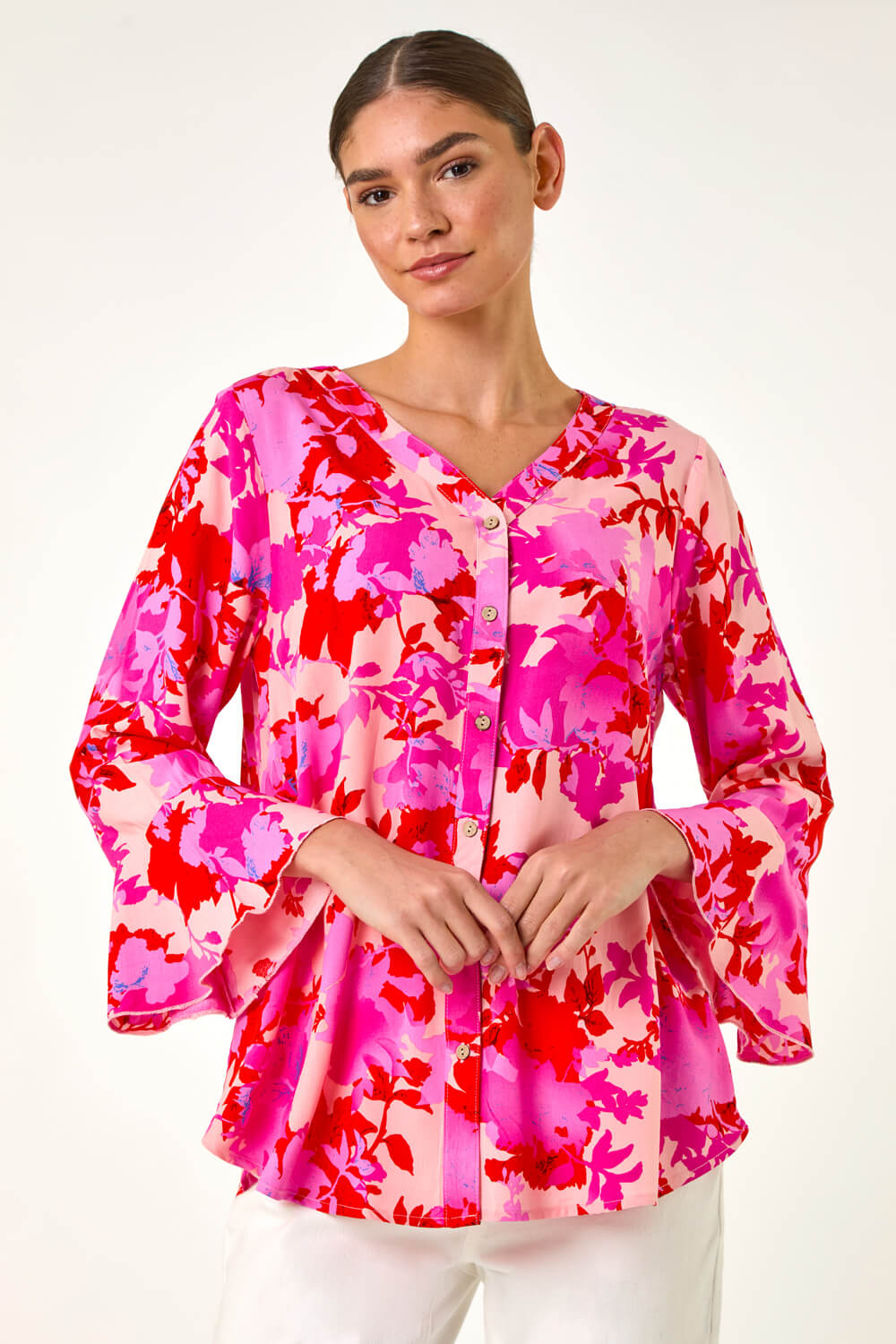 Pink Floral Print Flare Sleeve Blouse, Image 5 of 5