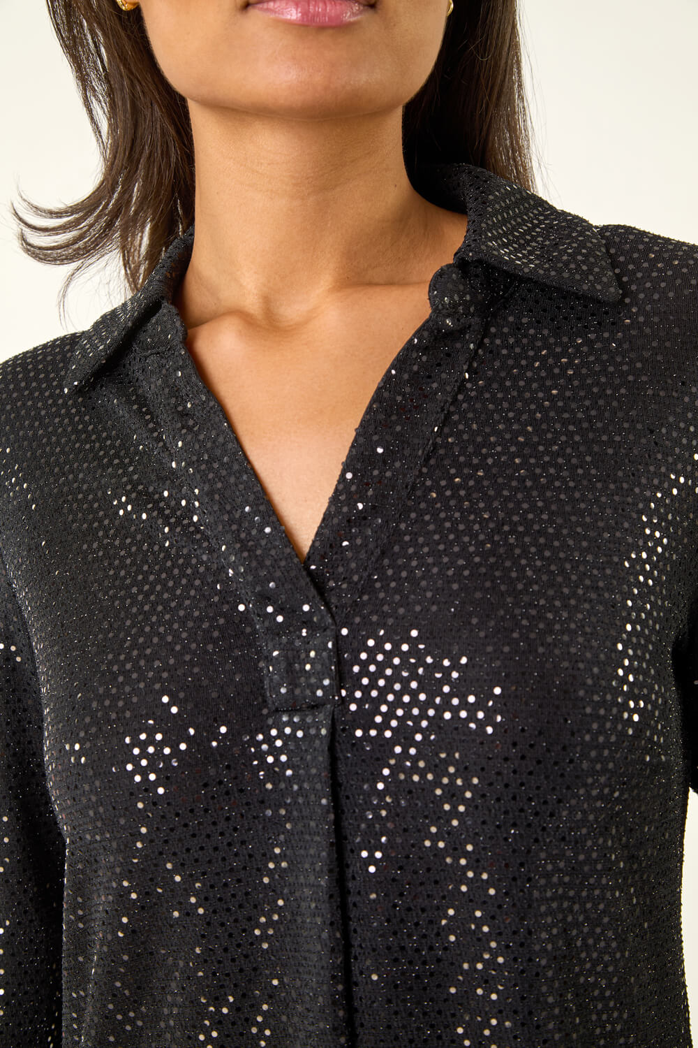 Black Stretch Sequin V-Neck Shirt, Image 7 of 6