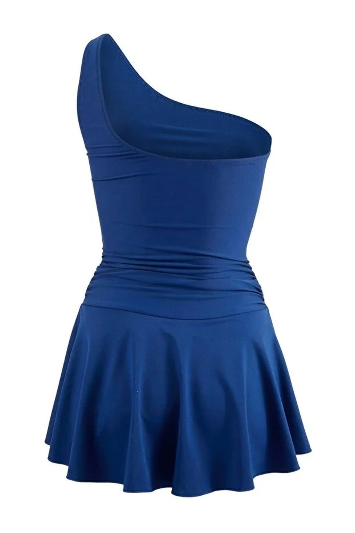 Navy WOVCOR Navy Asymmetric One Shoulder Ruched Swimsuit with Skort Detail, Image 3 of 3
