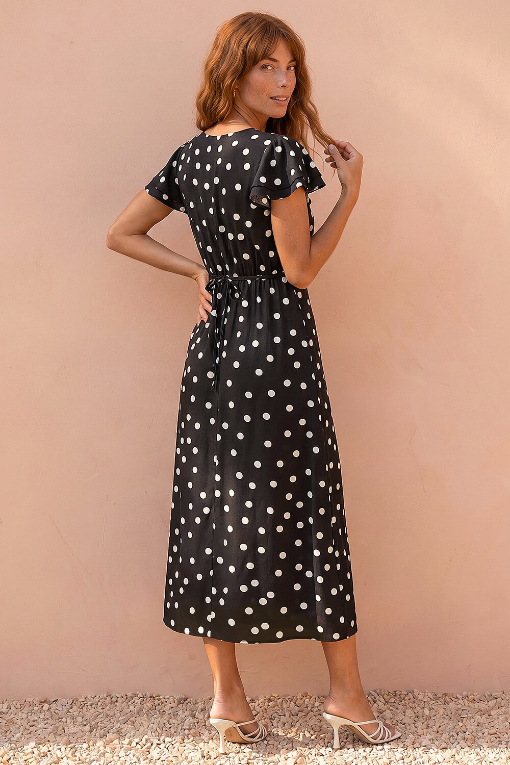 Black Polka Dot Sweetheart Neck Midi Dress, Image 3 of 4