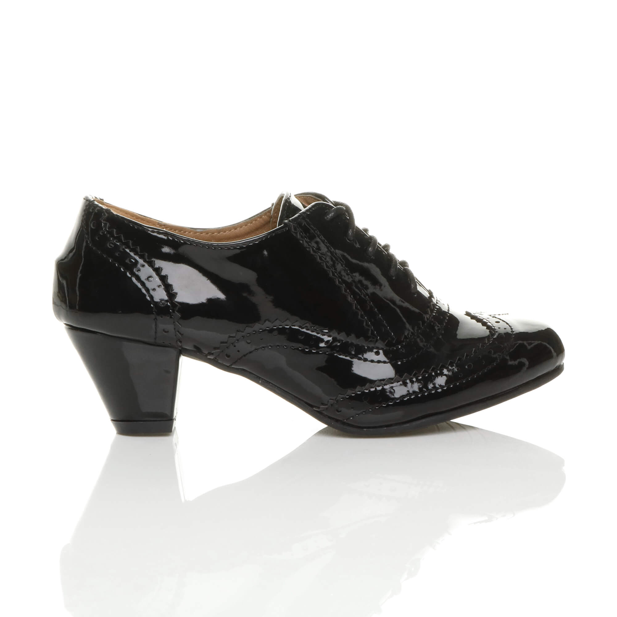 Black Mid Cuban Heel Brogue Ankle Shoe Boots, Image 2 of 6