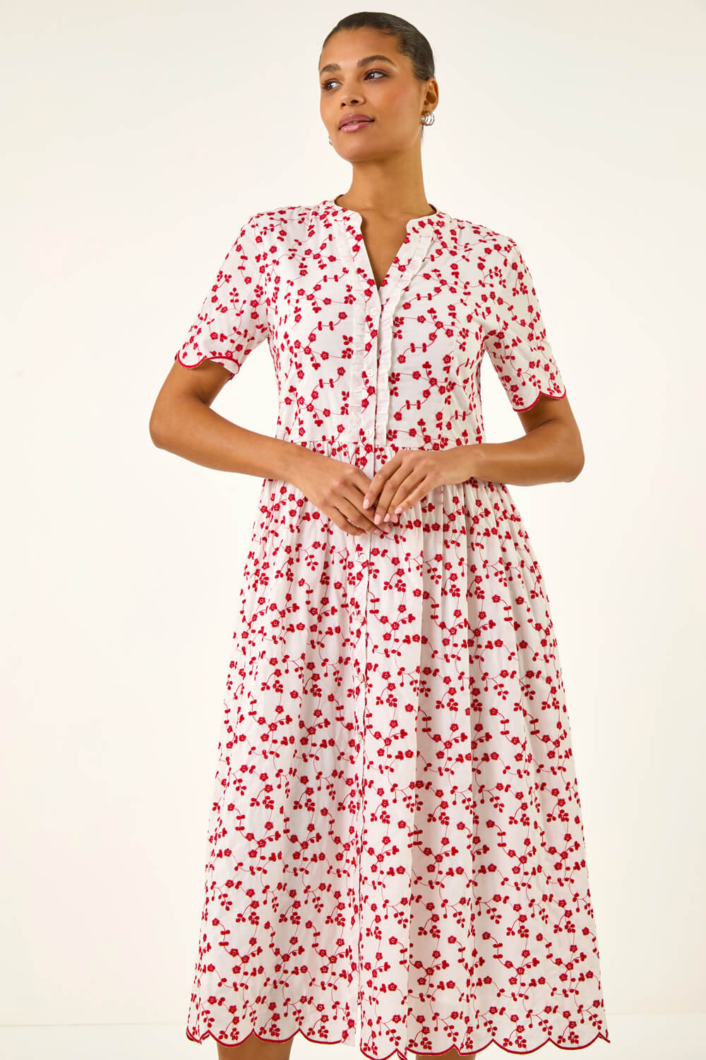 Red Embroidered Buttoned Midi Dress, Image 3 of 5