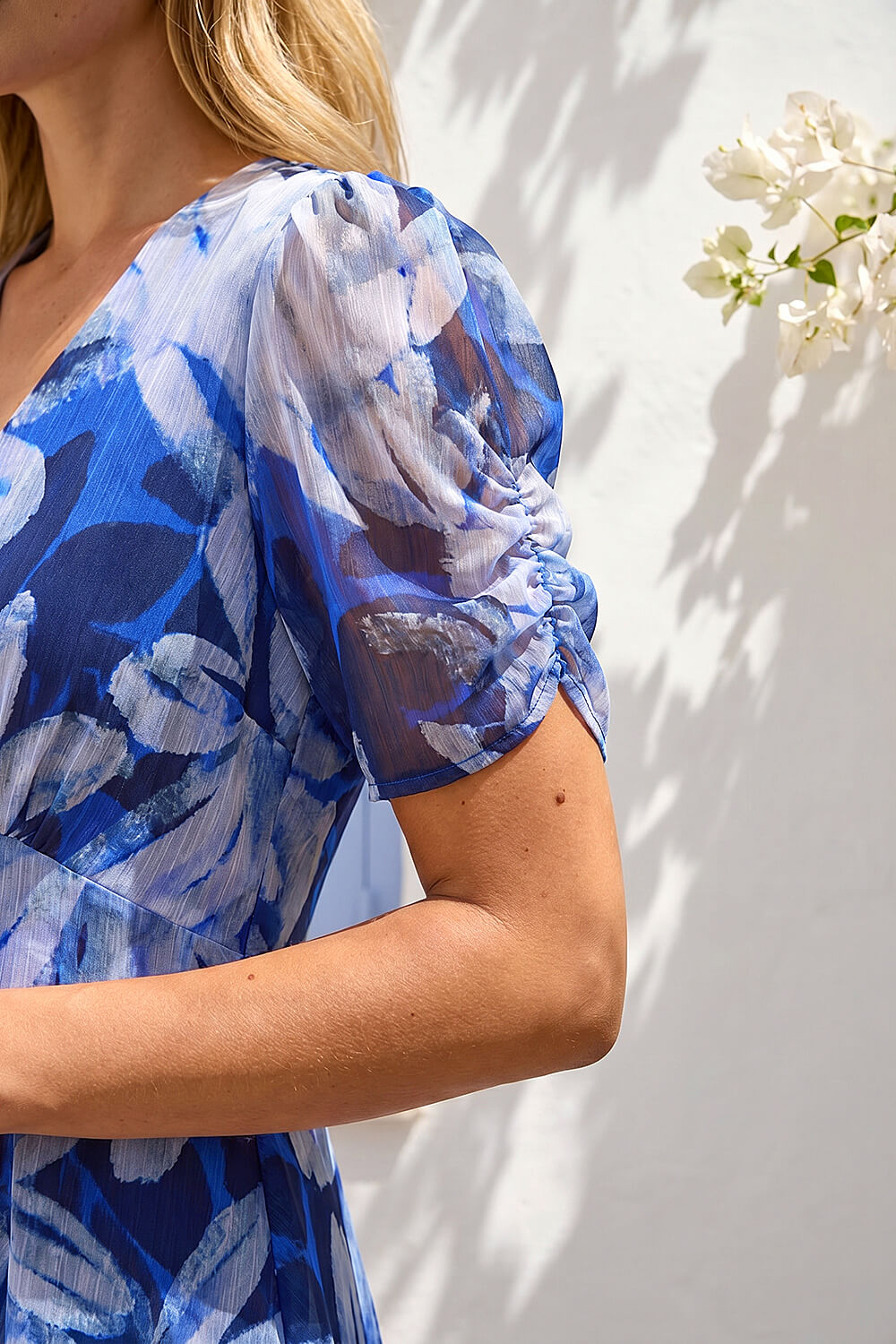Blue Abstract Floral Print Hanky Hem Dress, Image 5 of 4