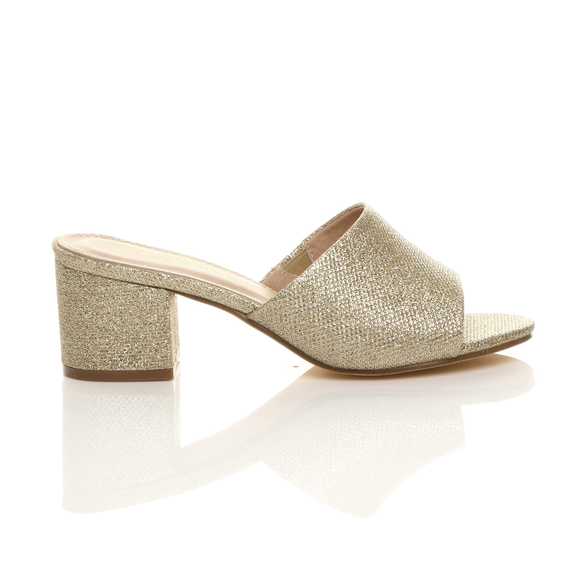 Gold AJVANI Gold Mid Block Heel Peep Toe Mules Sandals, Image 2 of 6