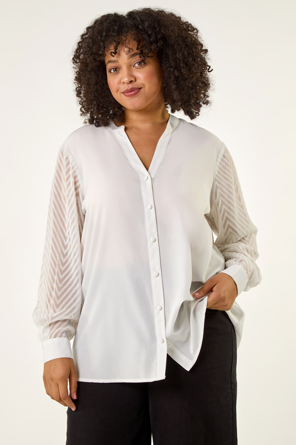 Ivory Curve V-Neck Button Up Blouse, Image 3 of 6