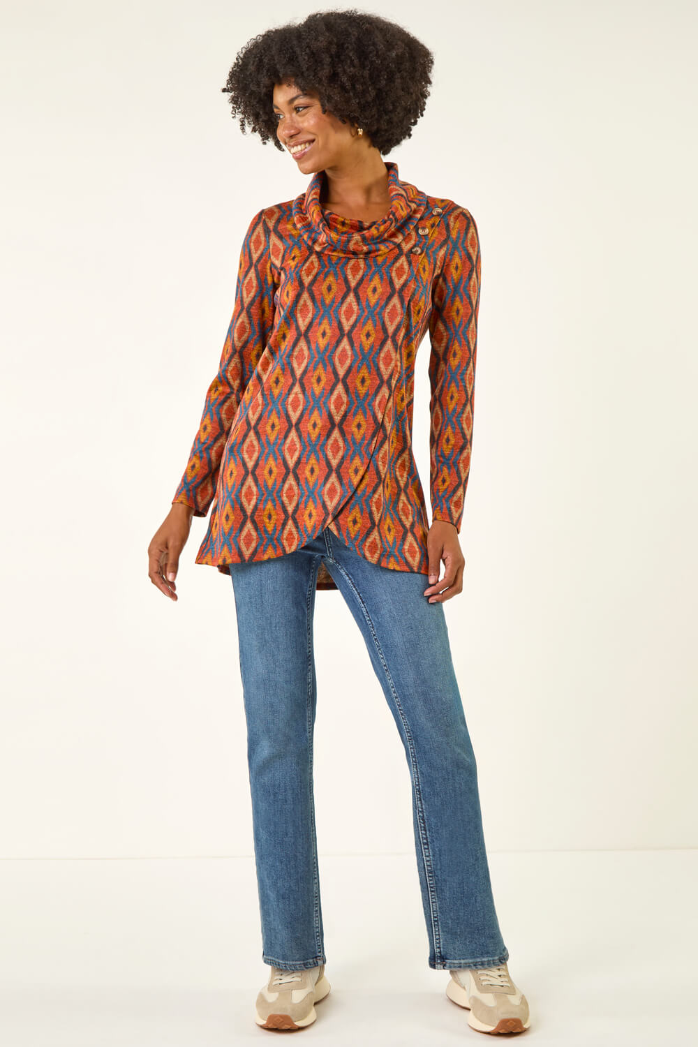 Dark Orange Abstract Print Cowl Neck Top, Image 3 of 5