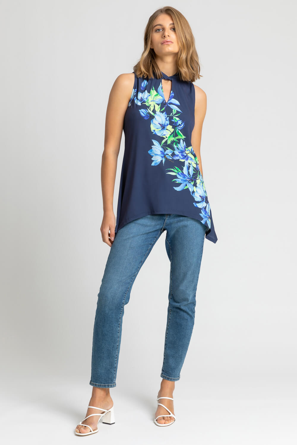 Navy Twist Neck Floral Print Top, Image 4 of 4