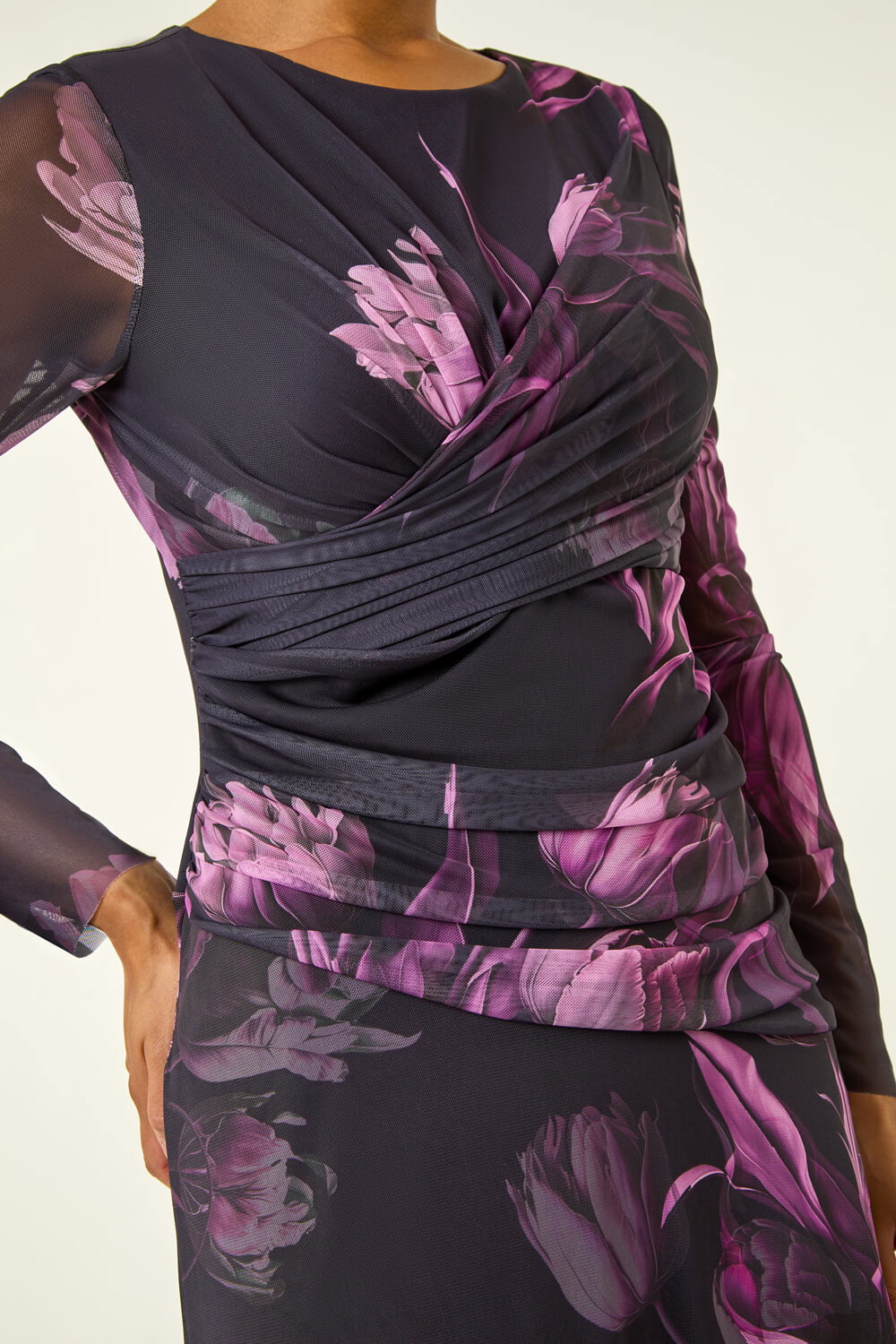 Purple Floral Mesh Stretch Maxi Dress, Image 6 of 5