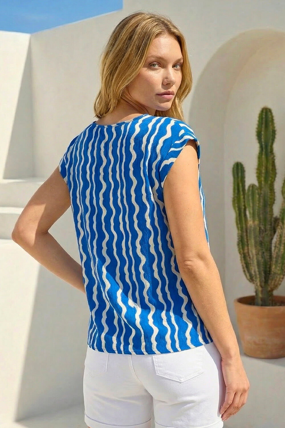 Blue Abstract Wave Print Shell Top, Image 4 of 4