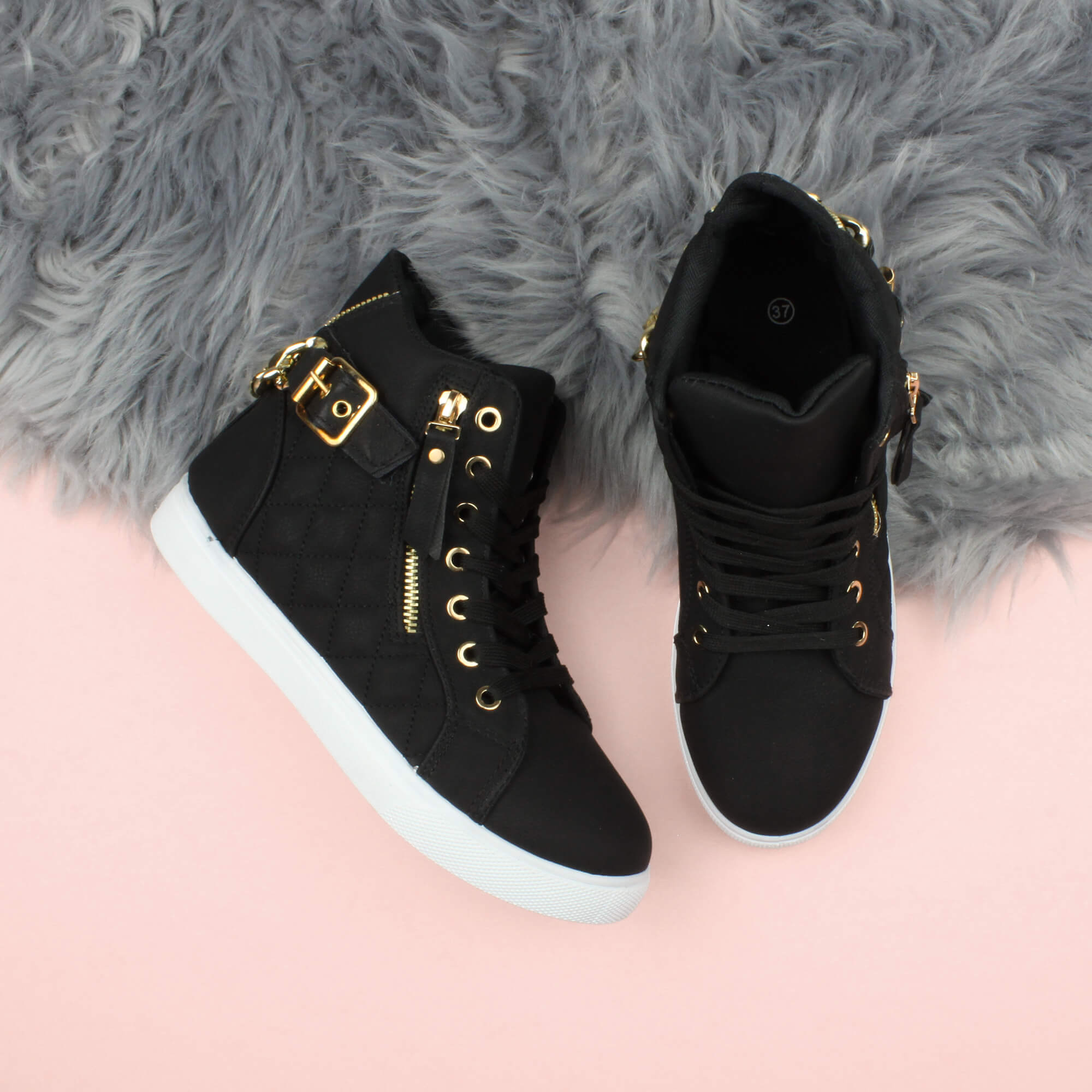 Black Gold Chain Lace Up Trainers Hi Tops, Image 4 of 6