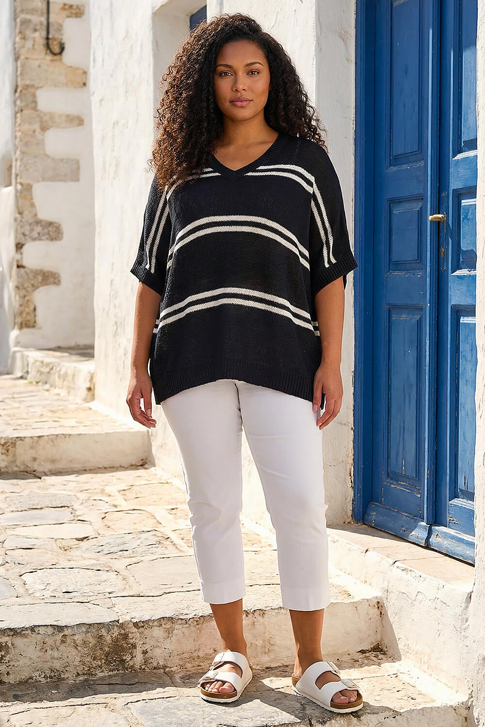 Black Curve Stripe V-Neck Knit Jumper, Image 1 of 4