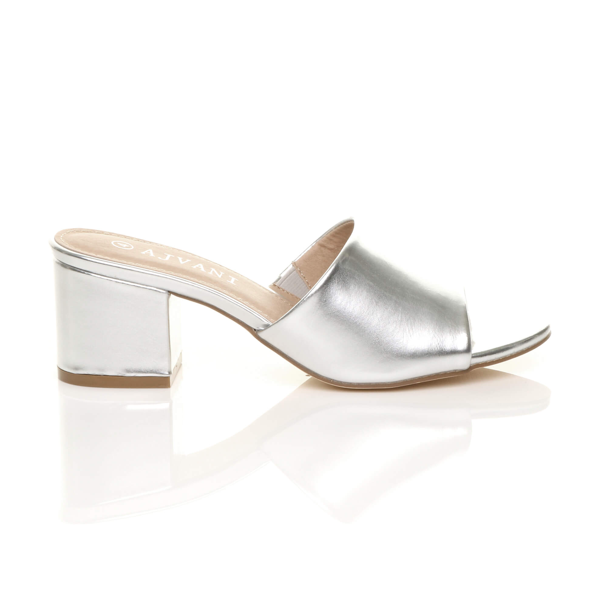 Silver AJVANI Silver Mid Block Heel Peep Toe Mules Sandals, Image 2 of 6