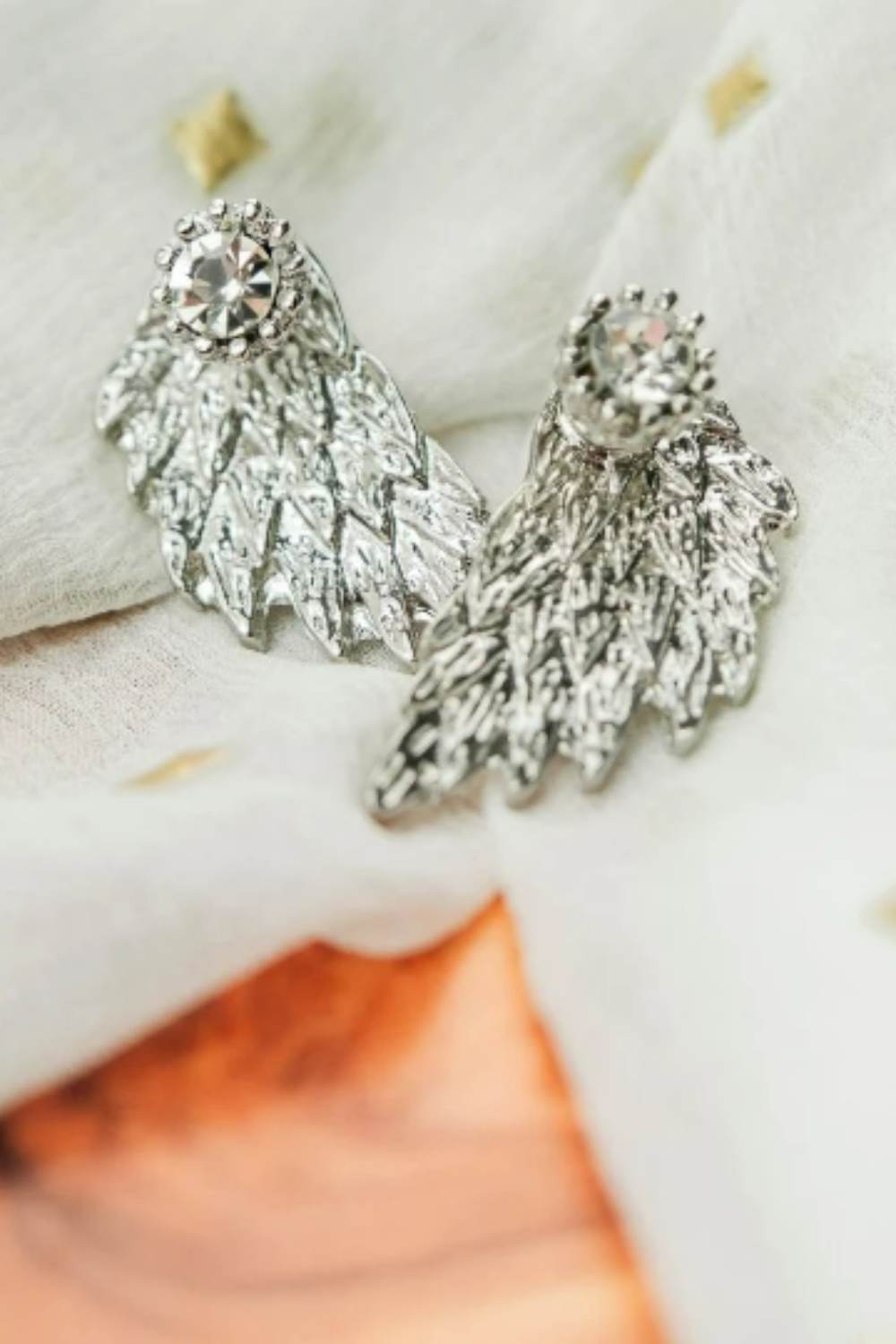 Silver Guardian Angel Wings Everyday Bar Ear Screw Studs Earrings, Image 2 of 3