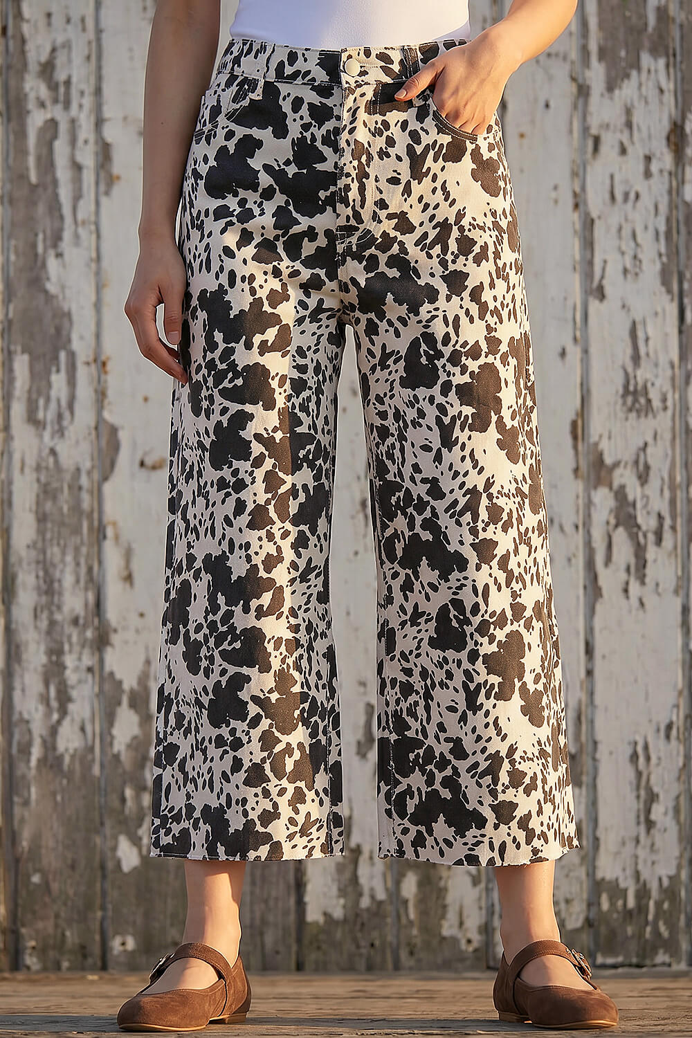 Dark Brown Dusk Cow Print Wide Leg Jean, Image 3 of 4