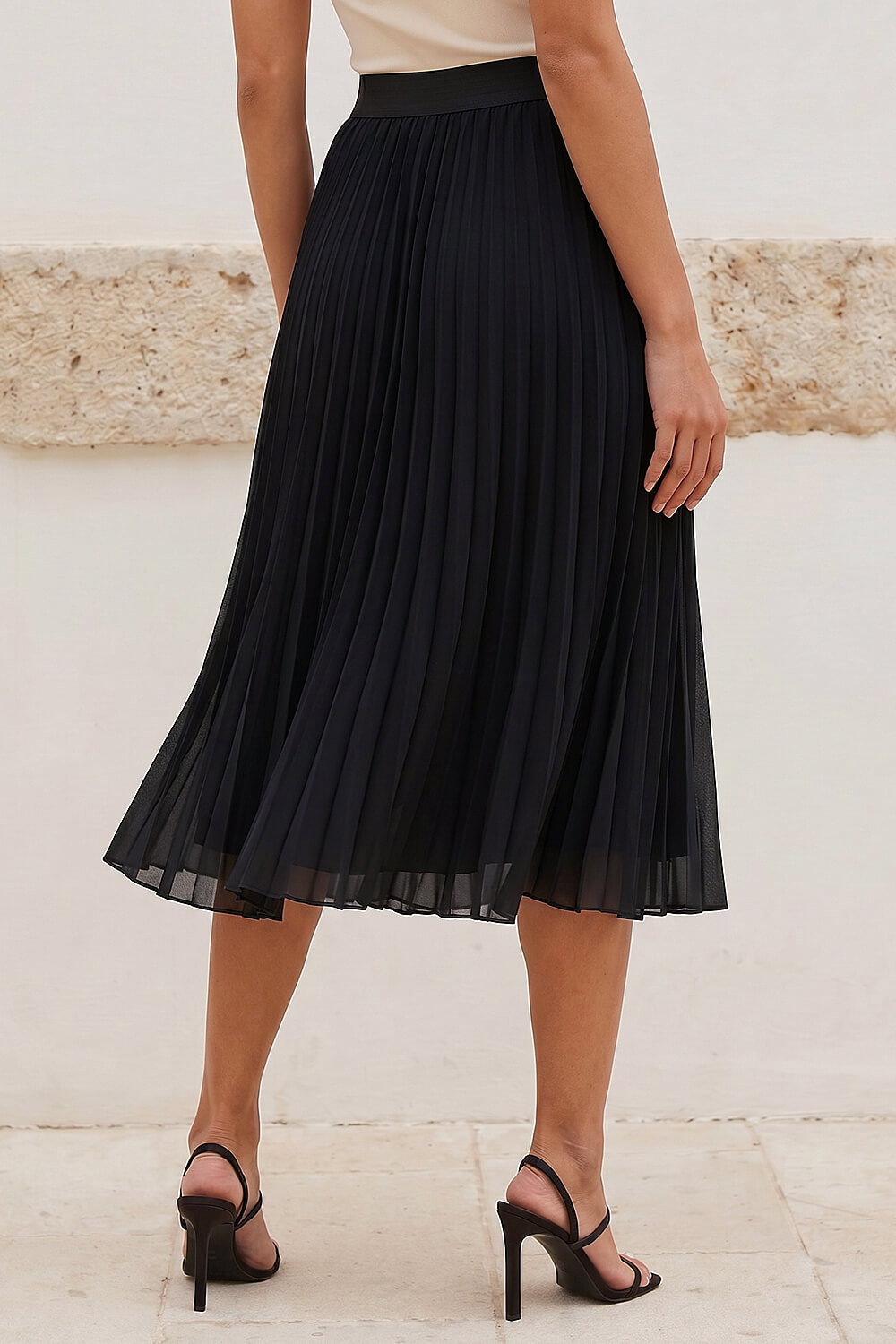 Black Petite Pleated Elastic Waist Midi Skirt, Image 4 of 4