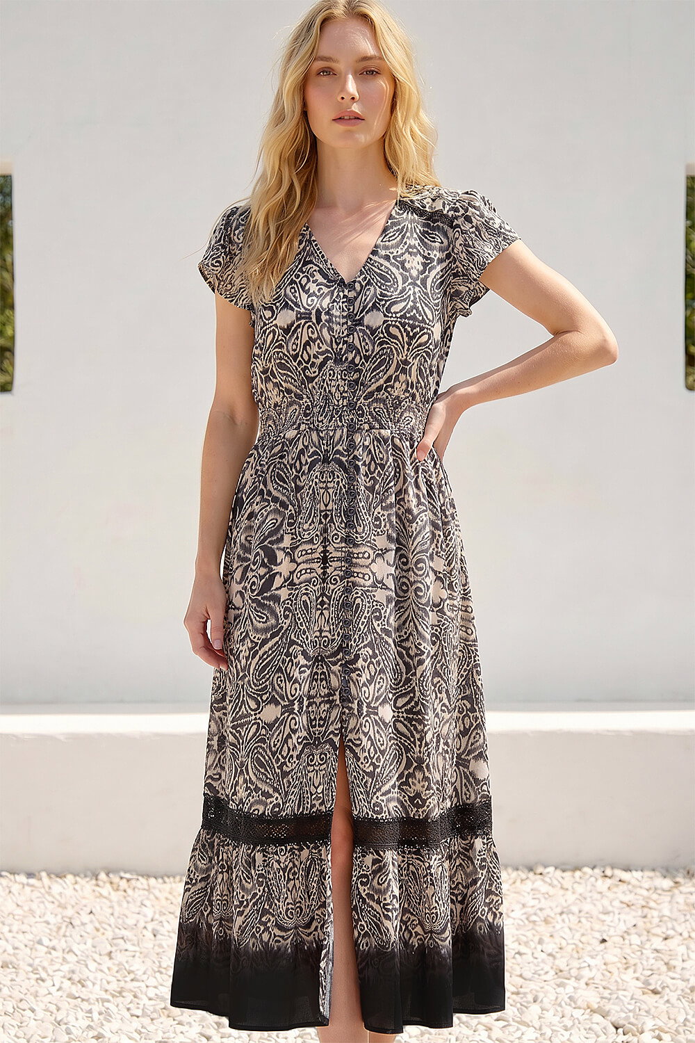 Black Paisley Print Buttoned Midi Dress, Image 4 of 4