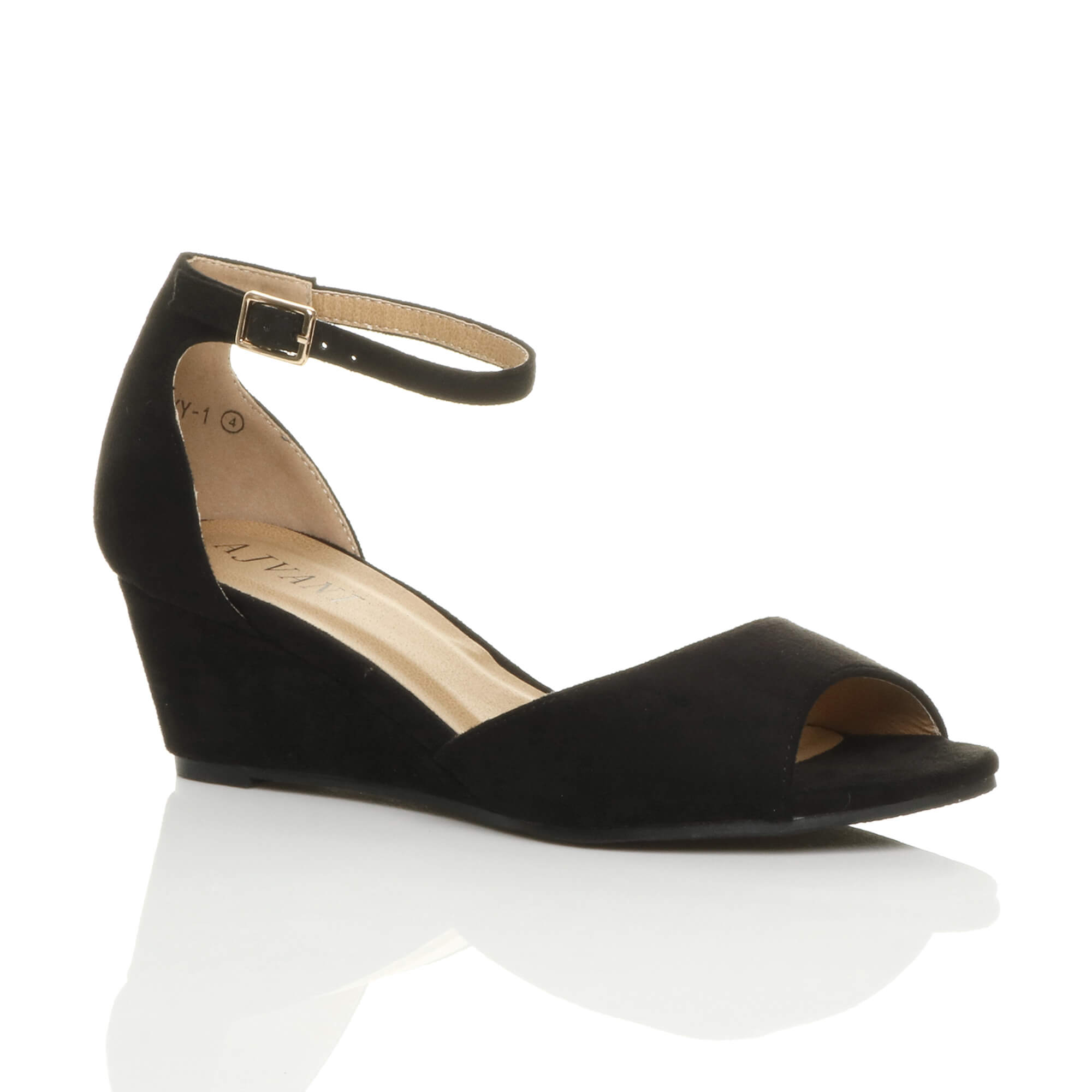 Black AJVANI Black Mid Wedge Heel Ankle Strap Sandals, Image 1 of 6