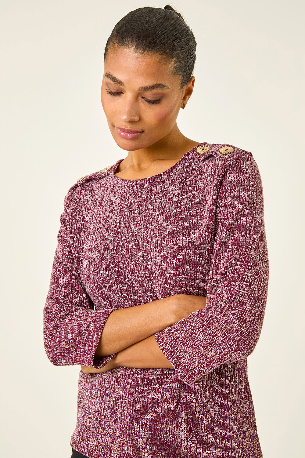Burgundy Textured Button Shoulder Top, Image 1 of 5