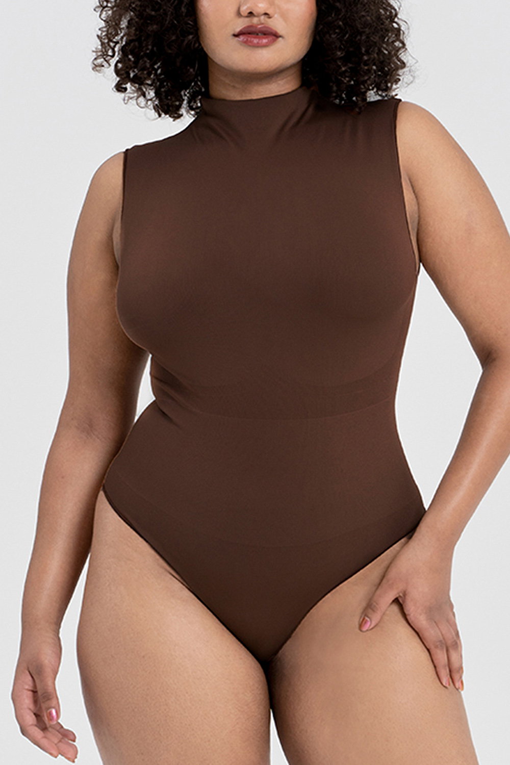 Brown Sleeveless Turtleneck Sculpting Bodysuit, Image 4 of 5
