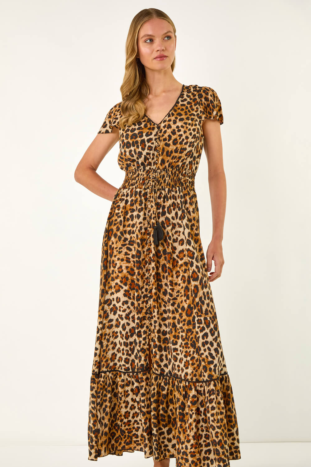 Tan Animal Print Shirred Maxi Dress, Image 3 of 5